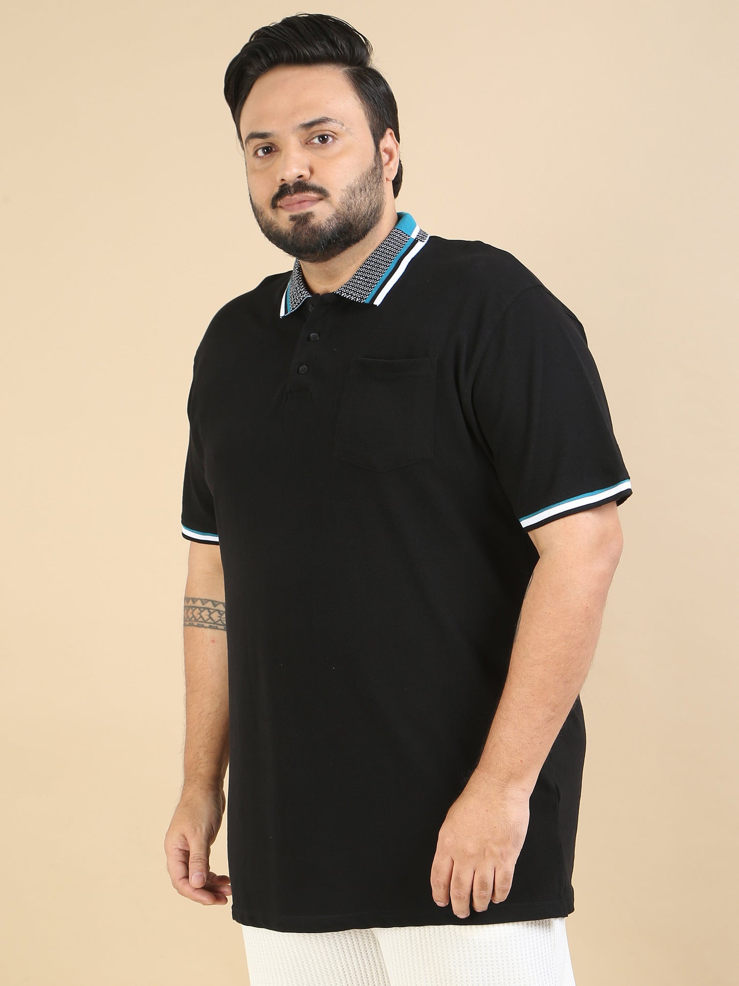 Black Printed Collar Polo Plus Size T Shirt for Men