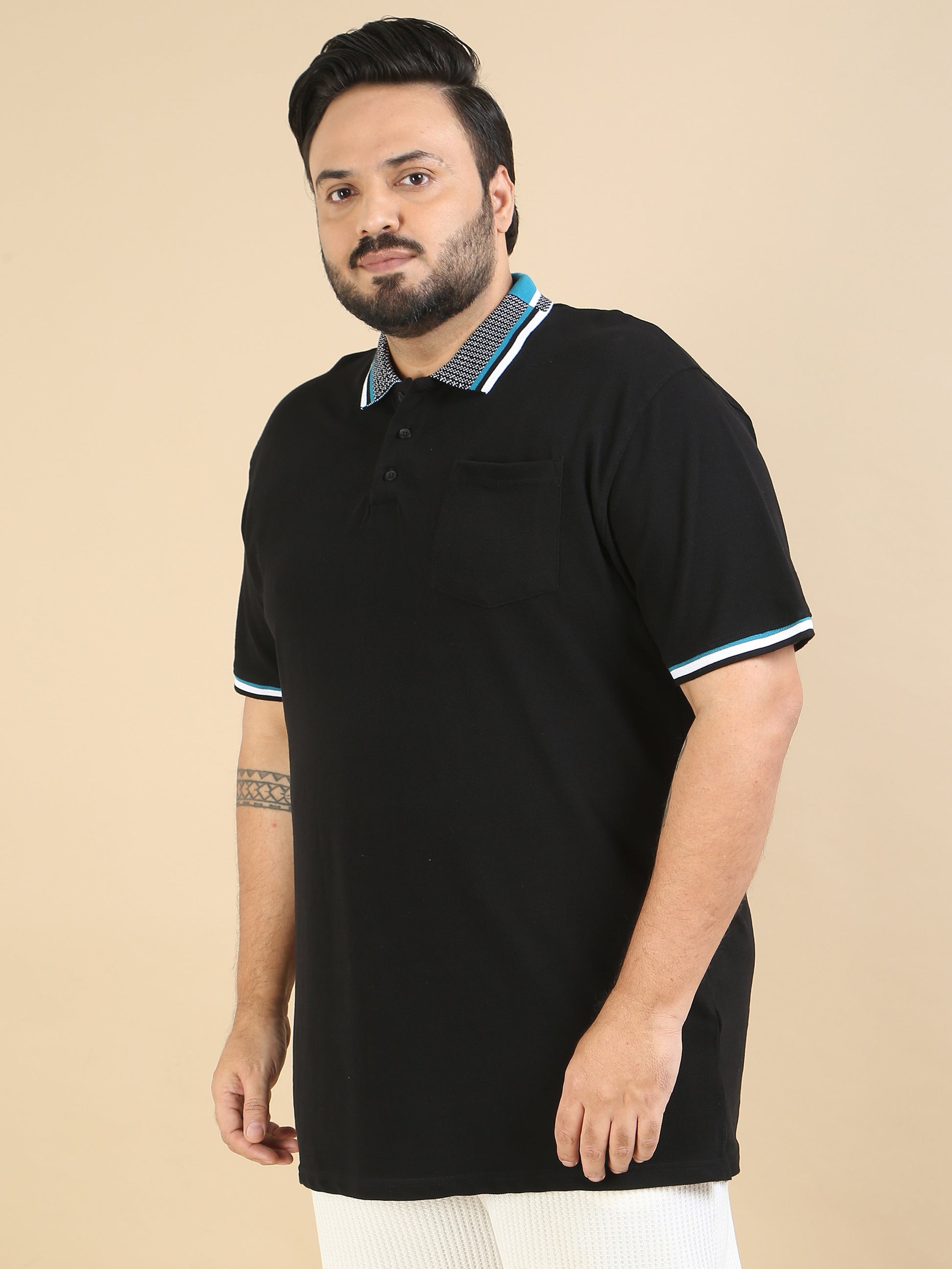 Black Printed Collar Polo Plus Size T Shirt for Men