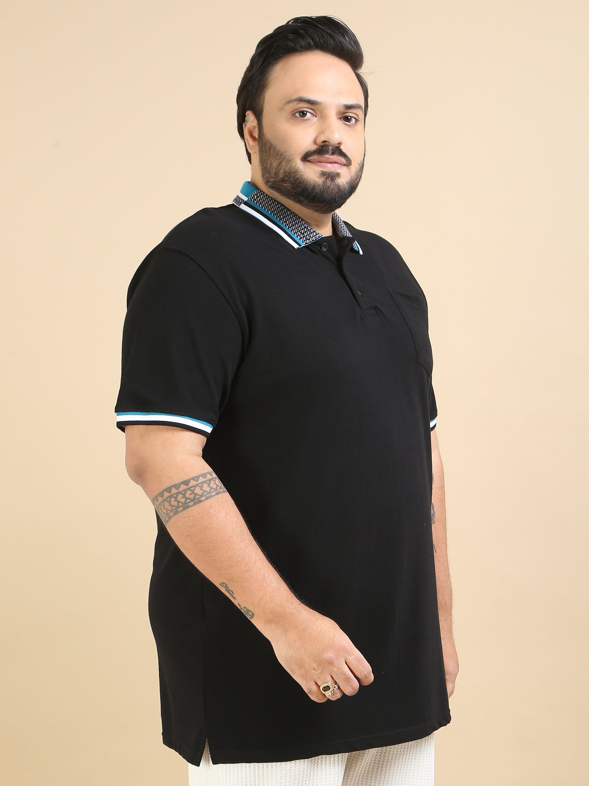 Black Printed Collar Polo Plus Size T Shirt for Men