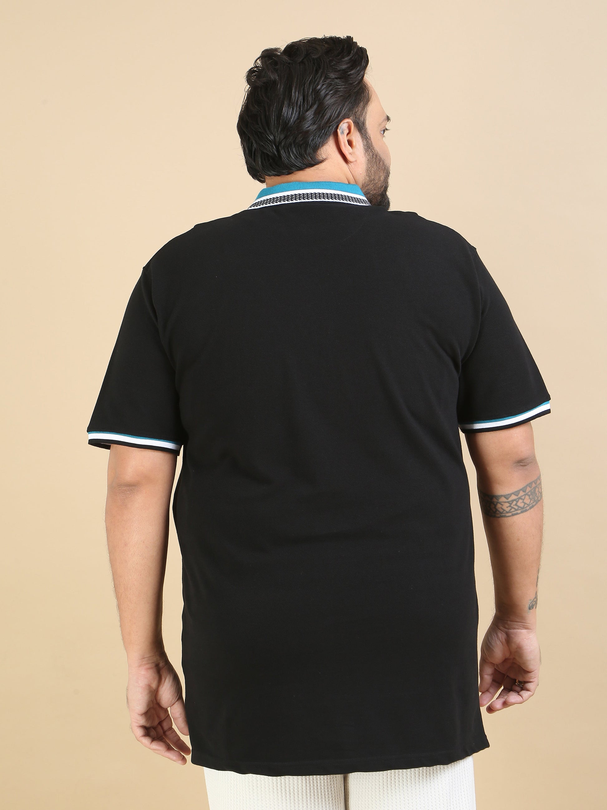 Black Printed Collar Polo Plus Size T Shirt for Men