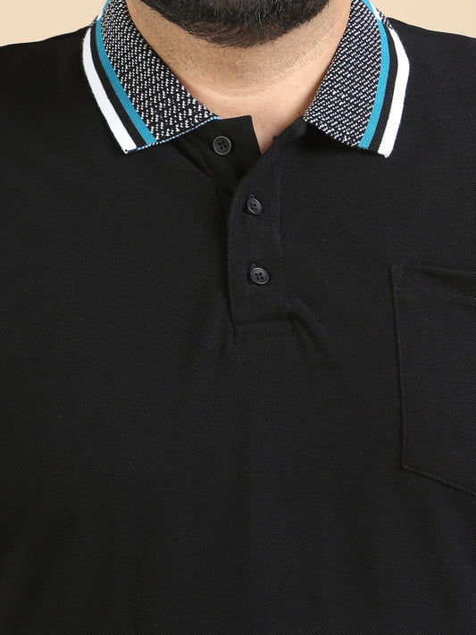 Black Printed Collar Polo Plus Size T Shirt for Men