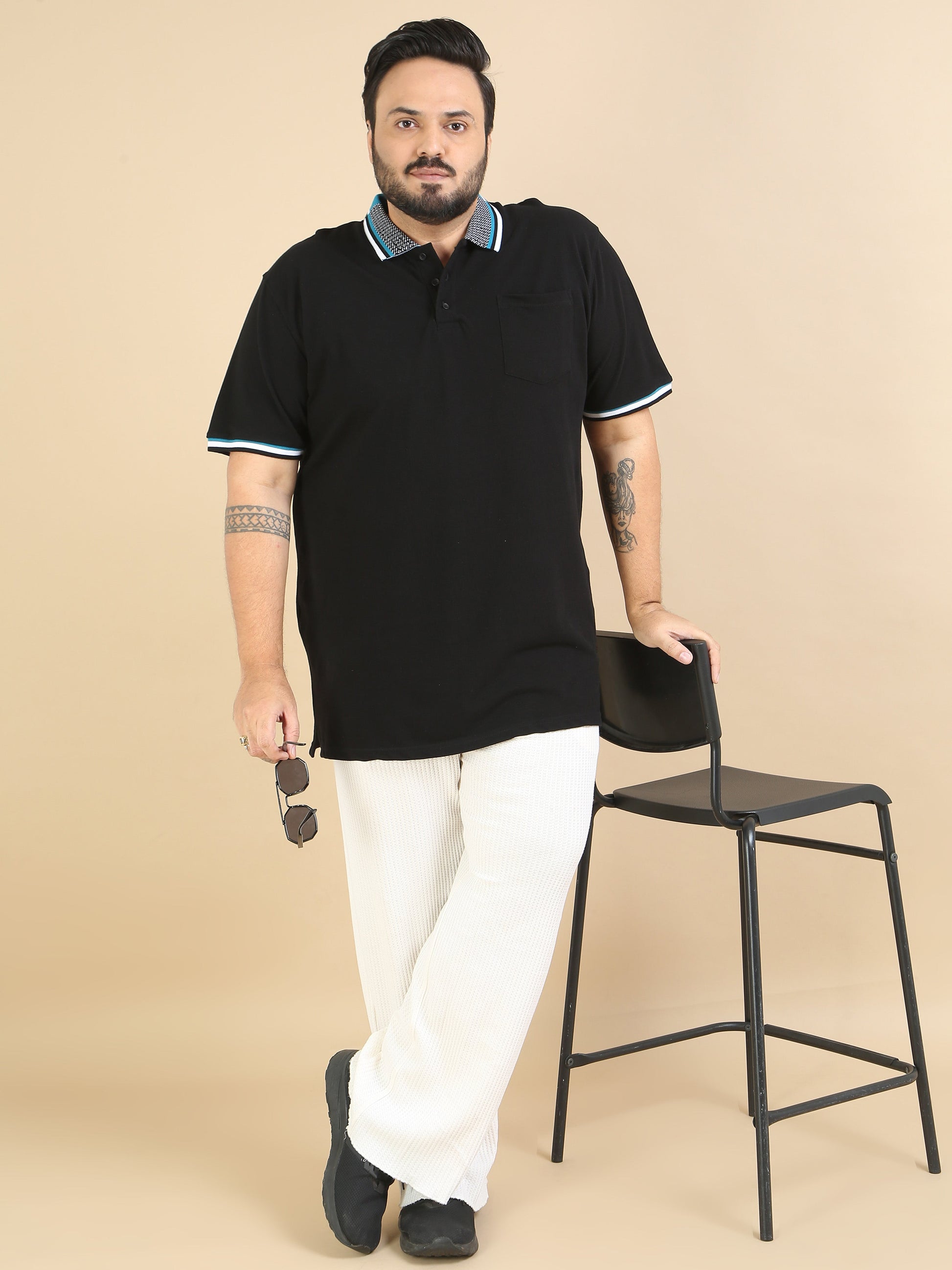 Black Printed Collar Polo Plus Size T Shirt for Men