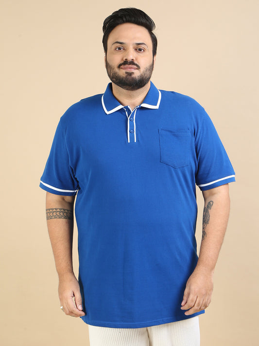 Plus Size Contrast Collar Blue Polo T Shirt for Men