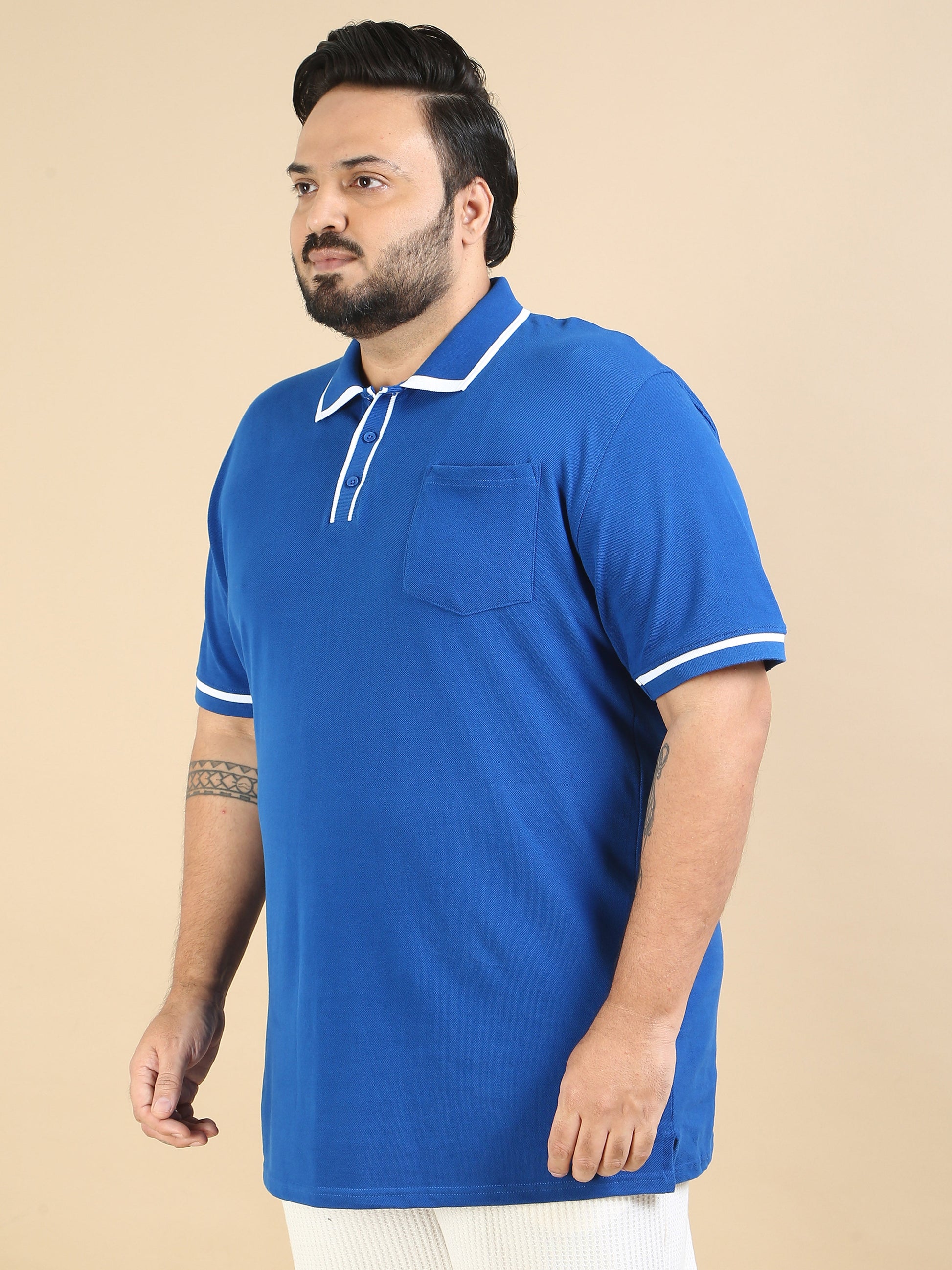 Plus Size Contrast Collar Blue Polo T Shirt for Men