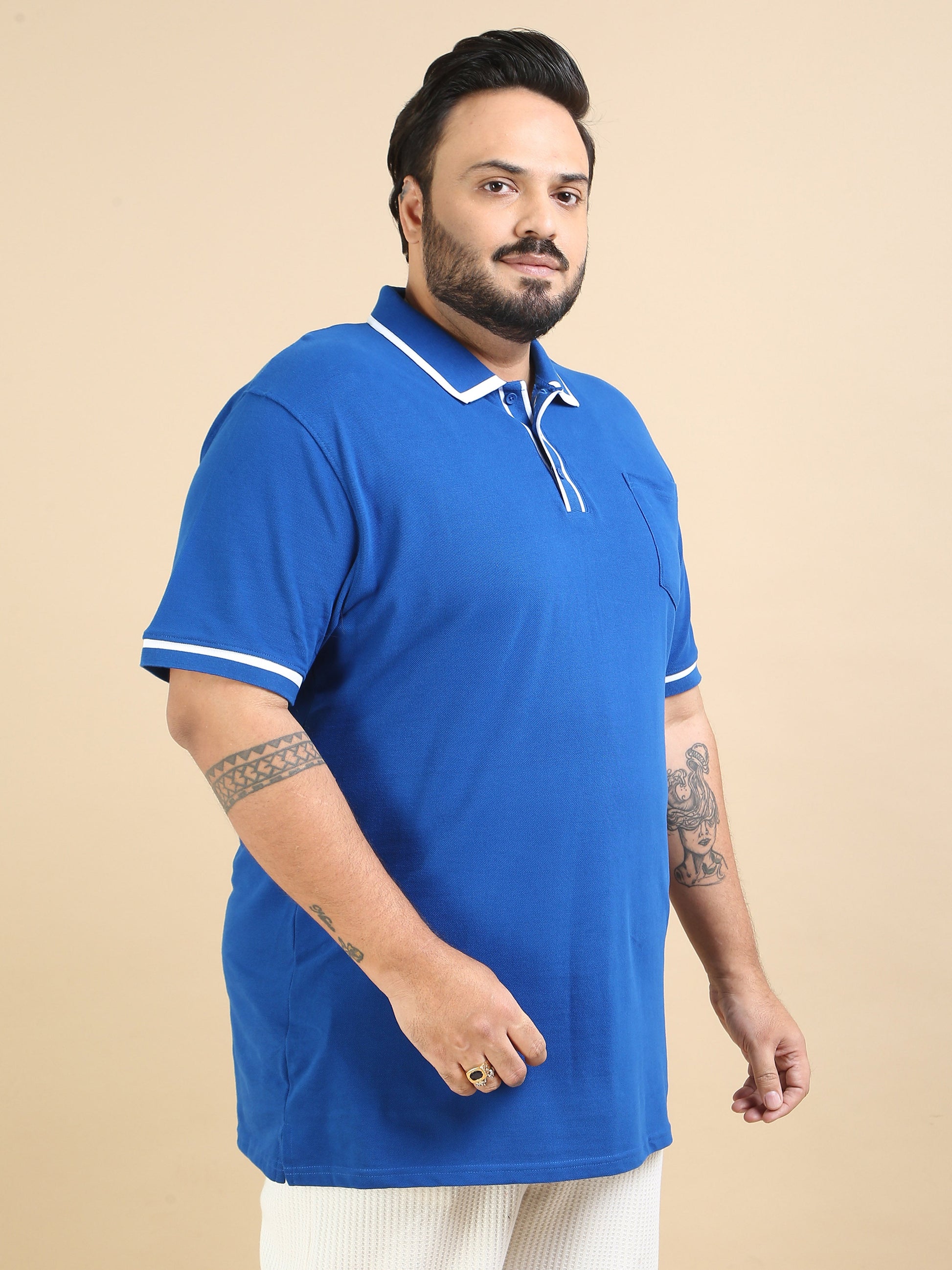 Plus Size Contrast Collar Blue Polo T Shirt for Men