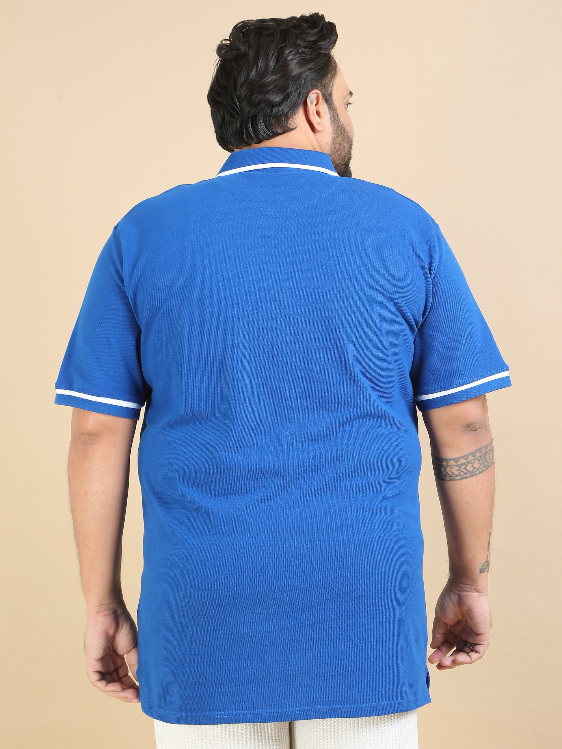 Plus Size Contrast Collar Blue Polo T Shirt for Men