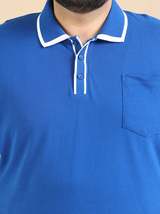 Plus Size Contrast Collar Blue Polo T Shirt for Men