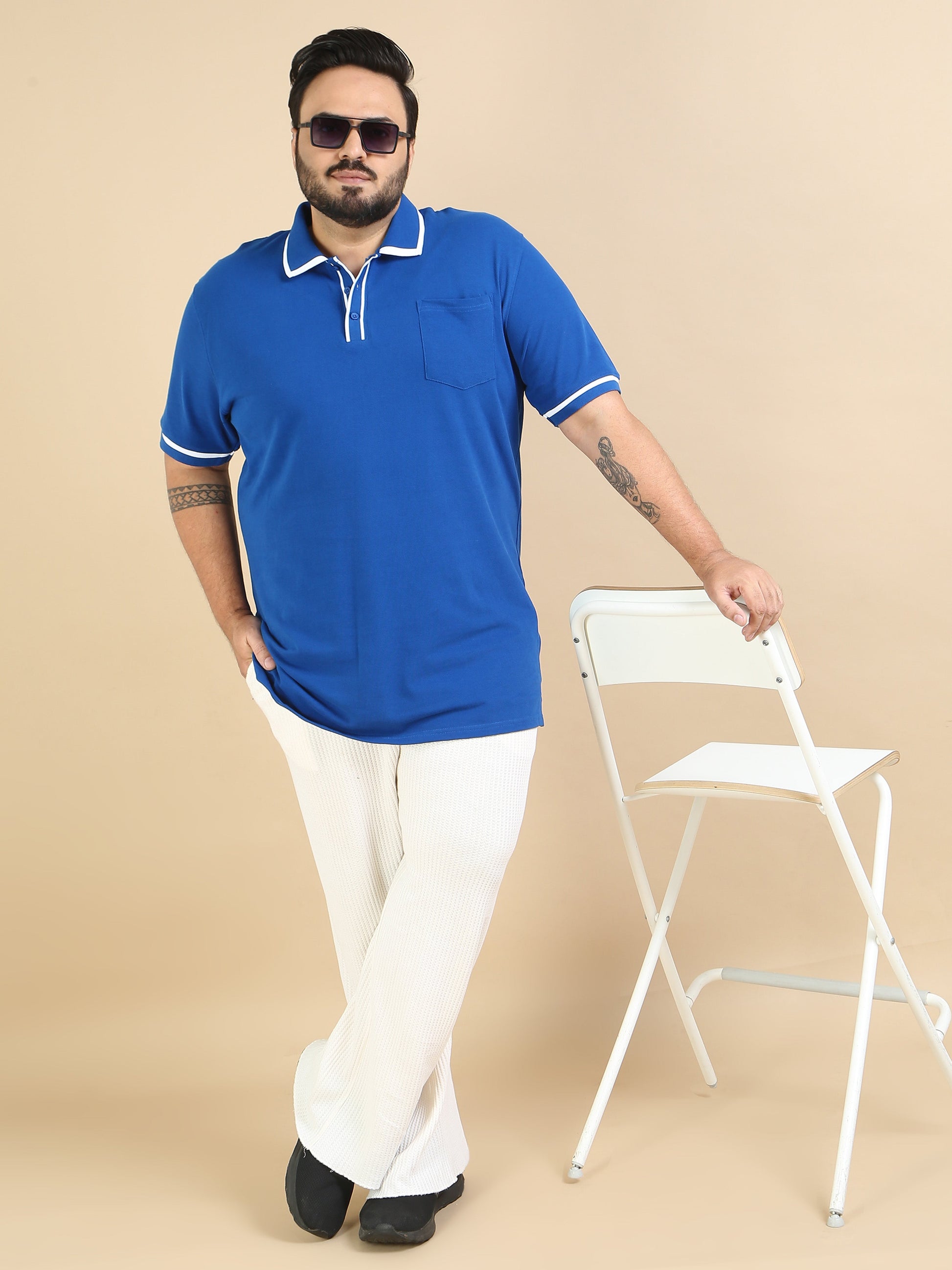 Plus Size Contrast Collar Blue Polo T Shirt for Men