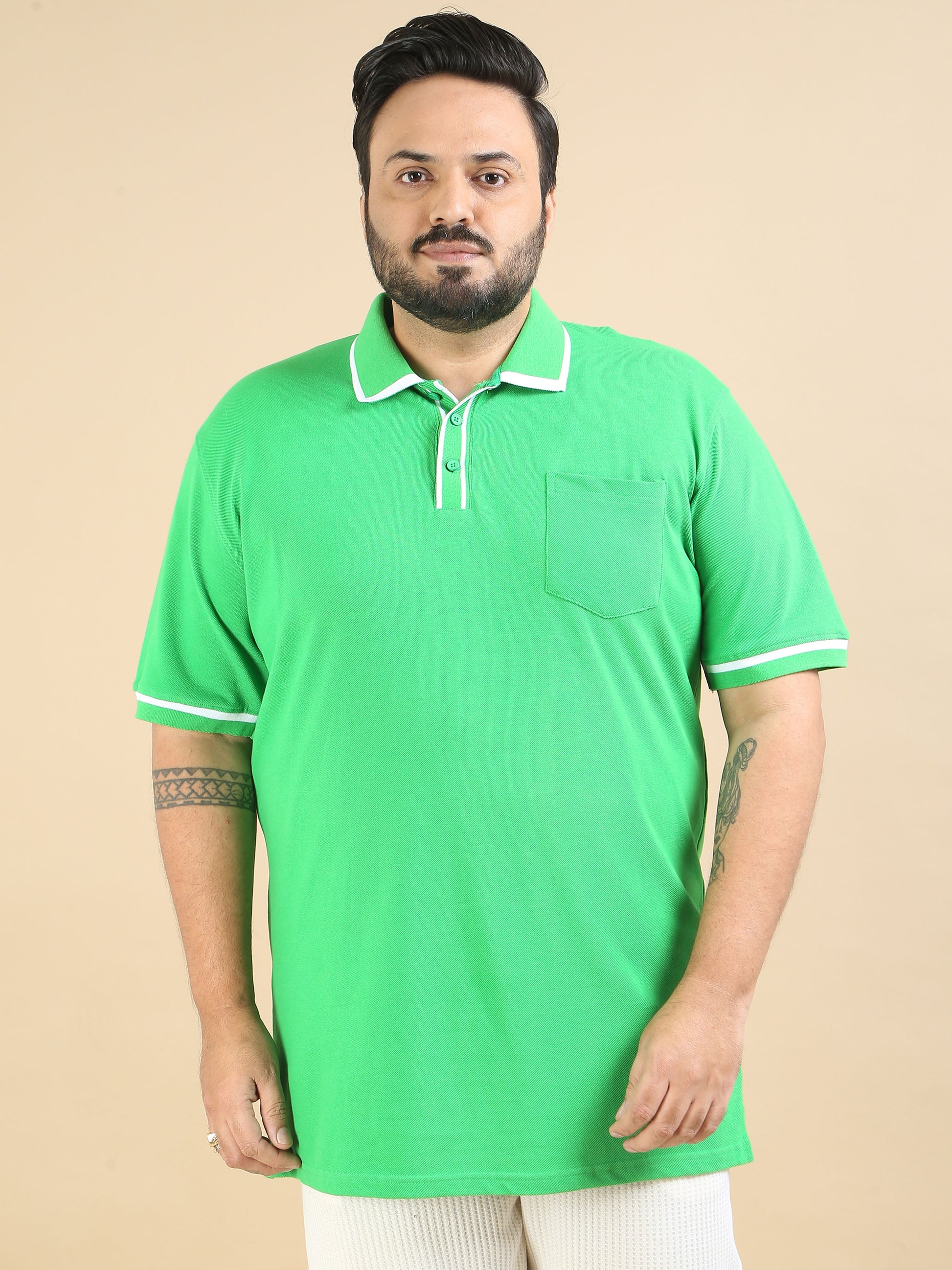 Mens Plus Size T Shirt Contrast Collar Polo Green