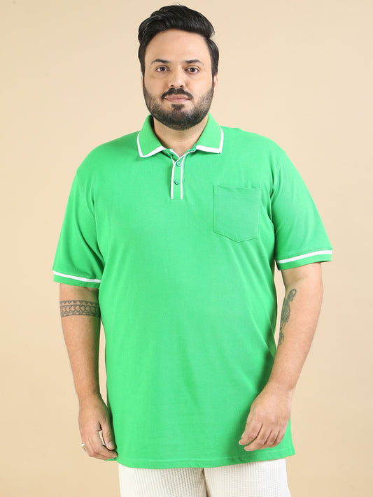 Mens Plus Size T Shirt Contrast Collar Polo Green