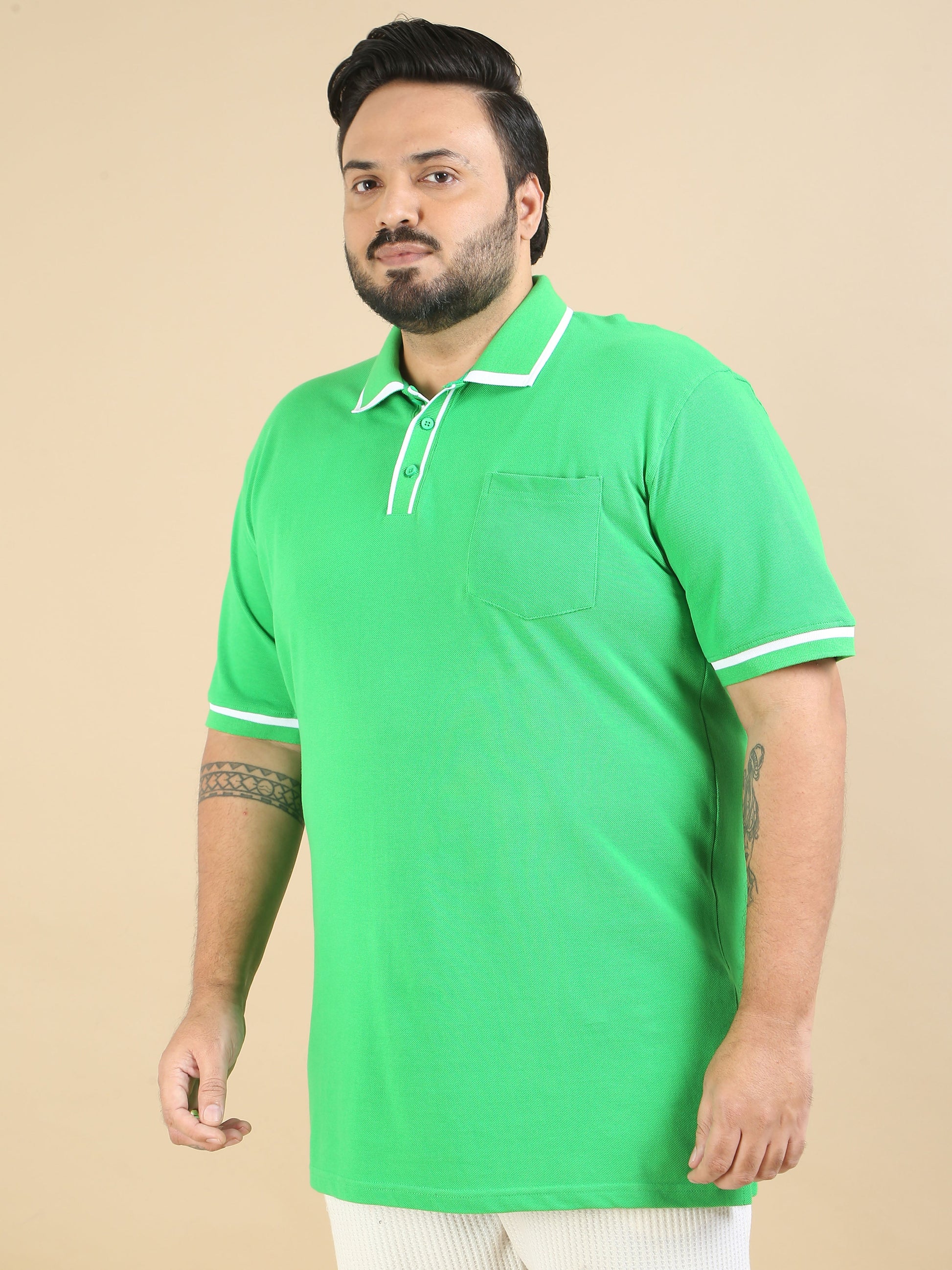 Mens Plus Size T Shirt Contrast Collar Polo Green