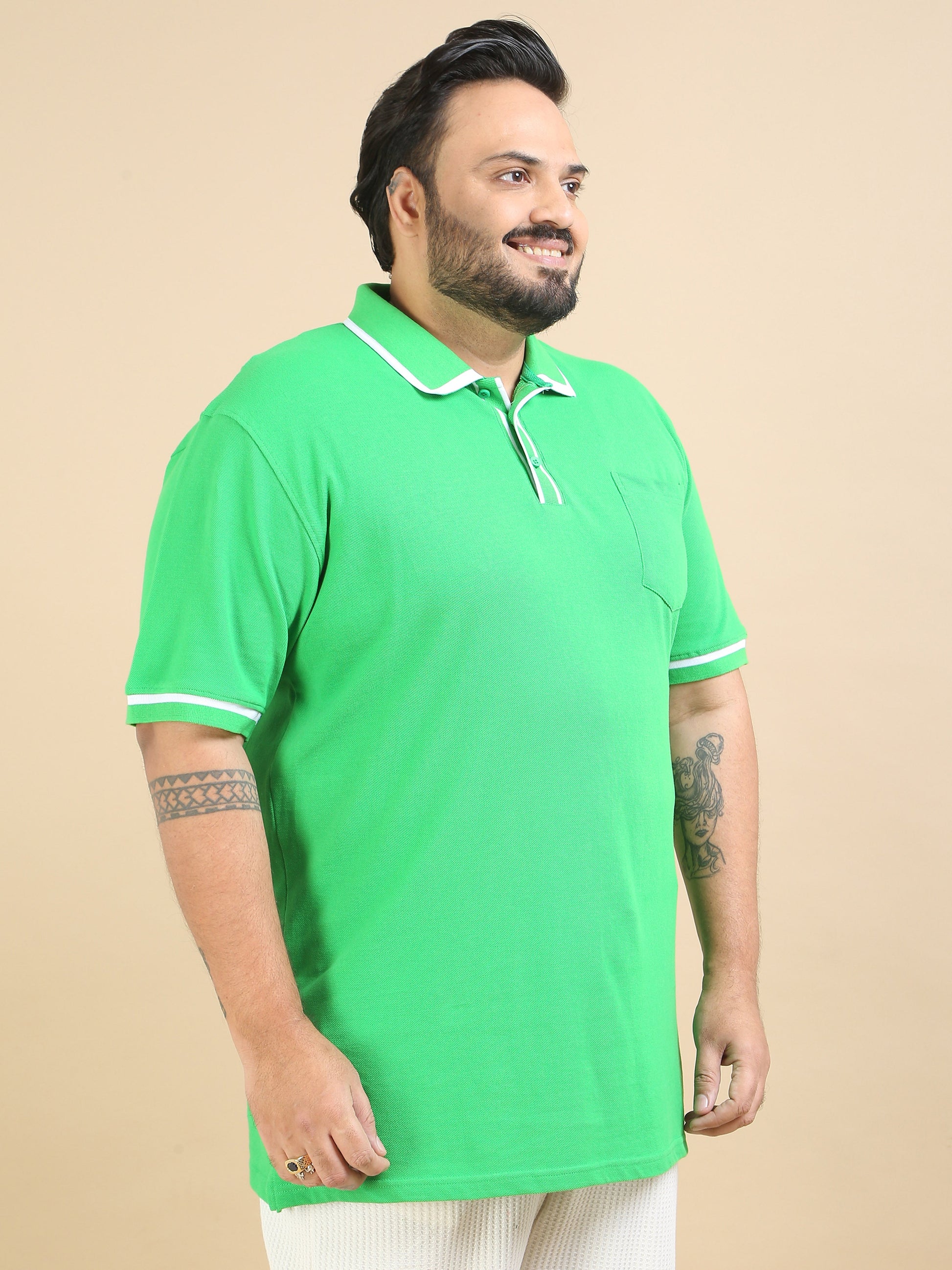 Mens Plus Size T Shirt Contrast Collar Polo Green