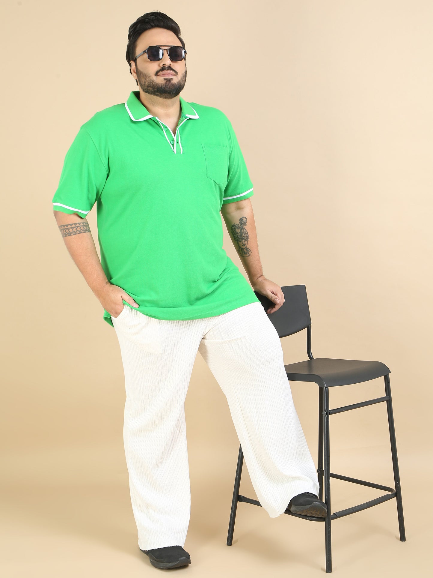 Mens Plus Size T Shirt Contrast Collar Polo Green