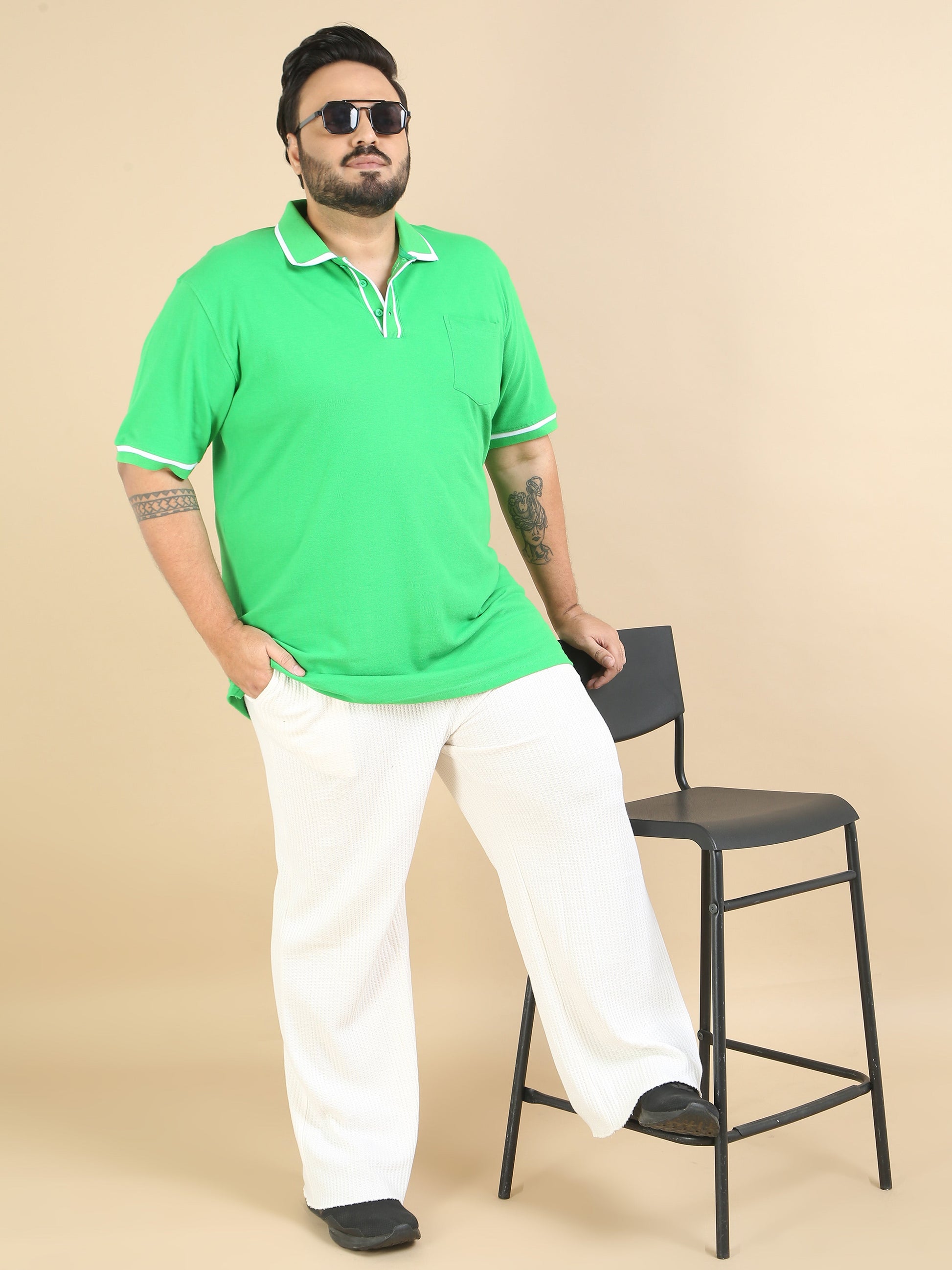 Mens Plus Size T Shirt Contrast Collar Polo Green