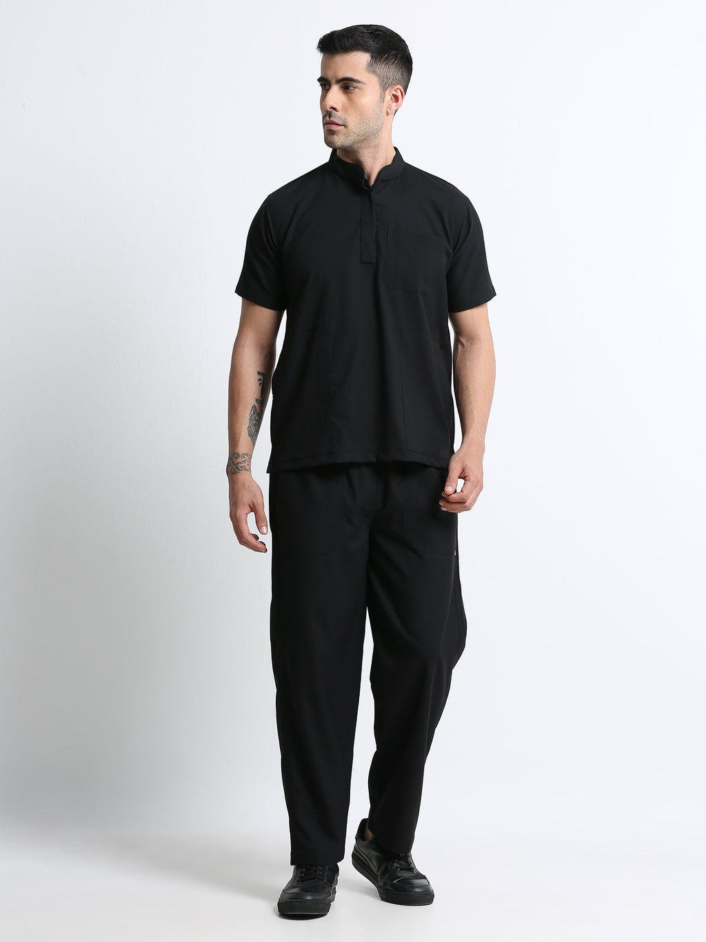 Men’s Black Knight Medical Scrub Set – Mandarin Collar (Chinese Collar) Top & Straight Pants | 2-Way Stretch, Antibacterial & Wrinkle-Resistant – Apollo