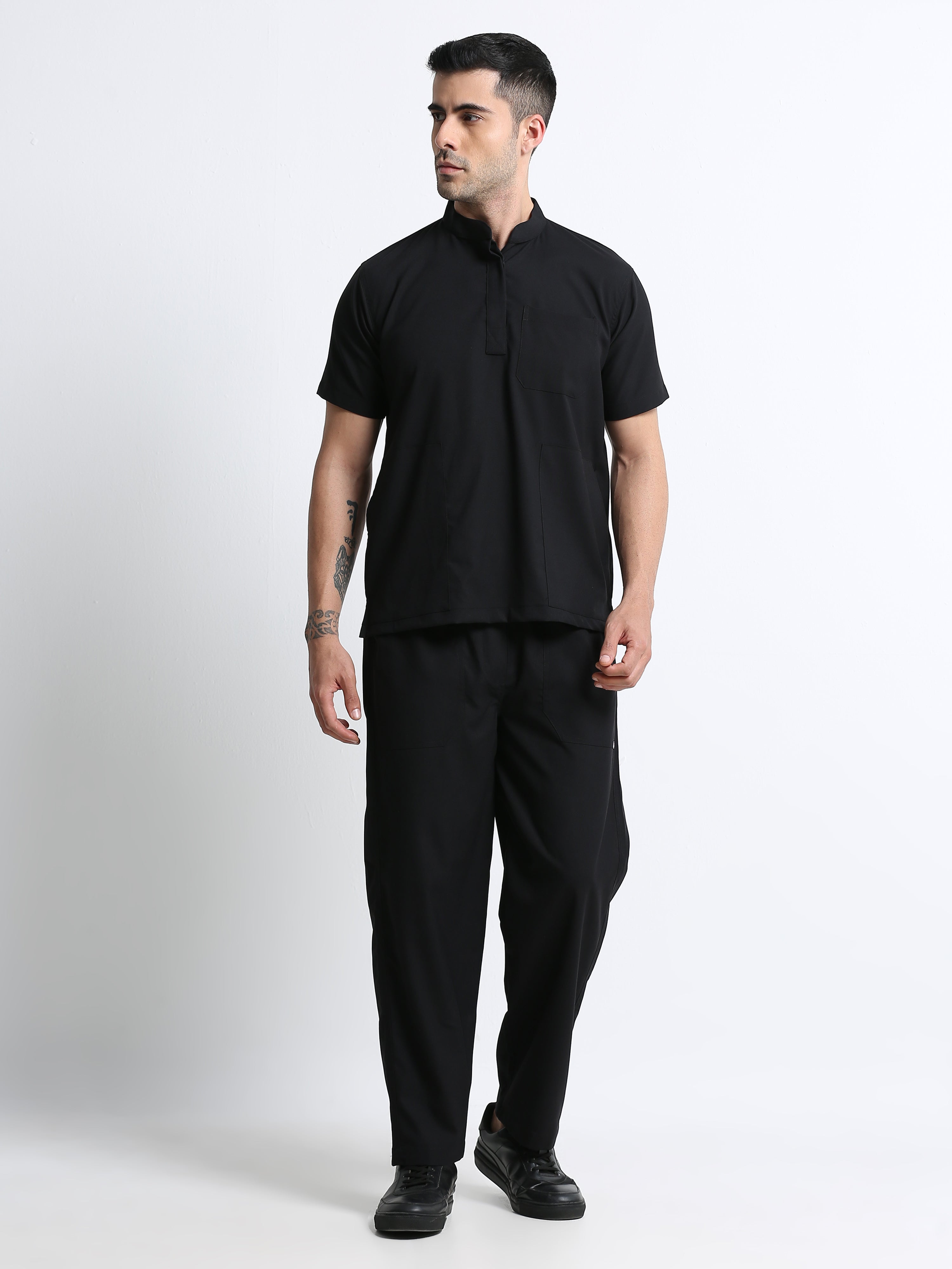 Men’s Black Knight Medical Scrub Set – Mandarin Collar (Chinese Collar) Top & Straight Pants | 2-Way Stretch, Antibacterial & Wrinkle-Resistant – Apollo