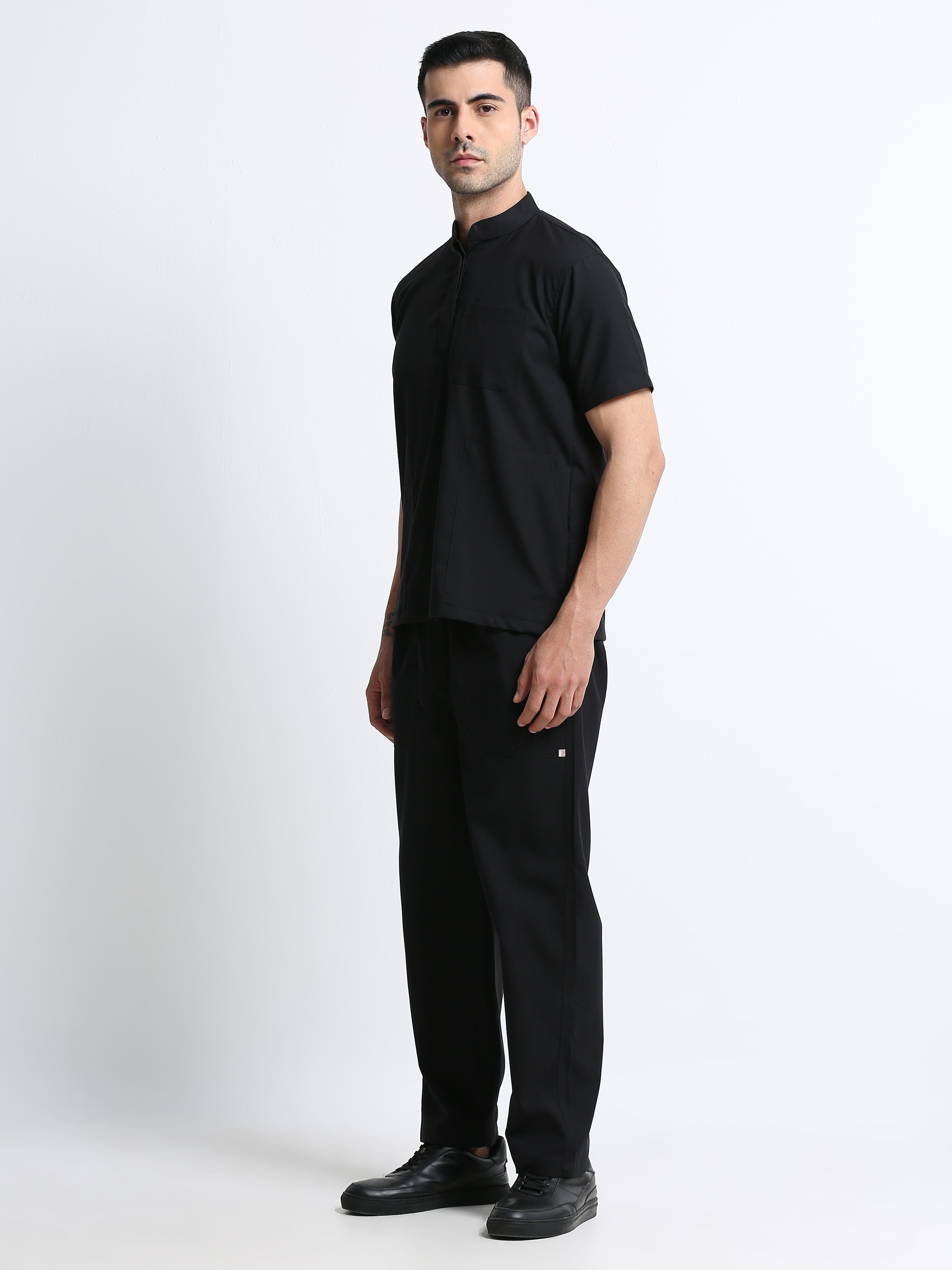 Men’s Black Knight Medical Scrub Set – Mandarin Collar (Chinese Collar) Top & Straight Pants | 2-Way Stretch, Antibacterial & Wrinkle-Resistant – Apollo