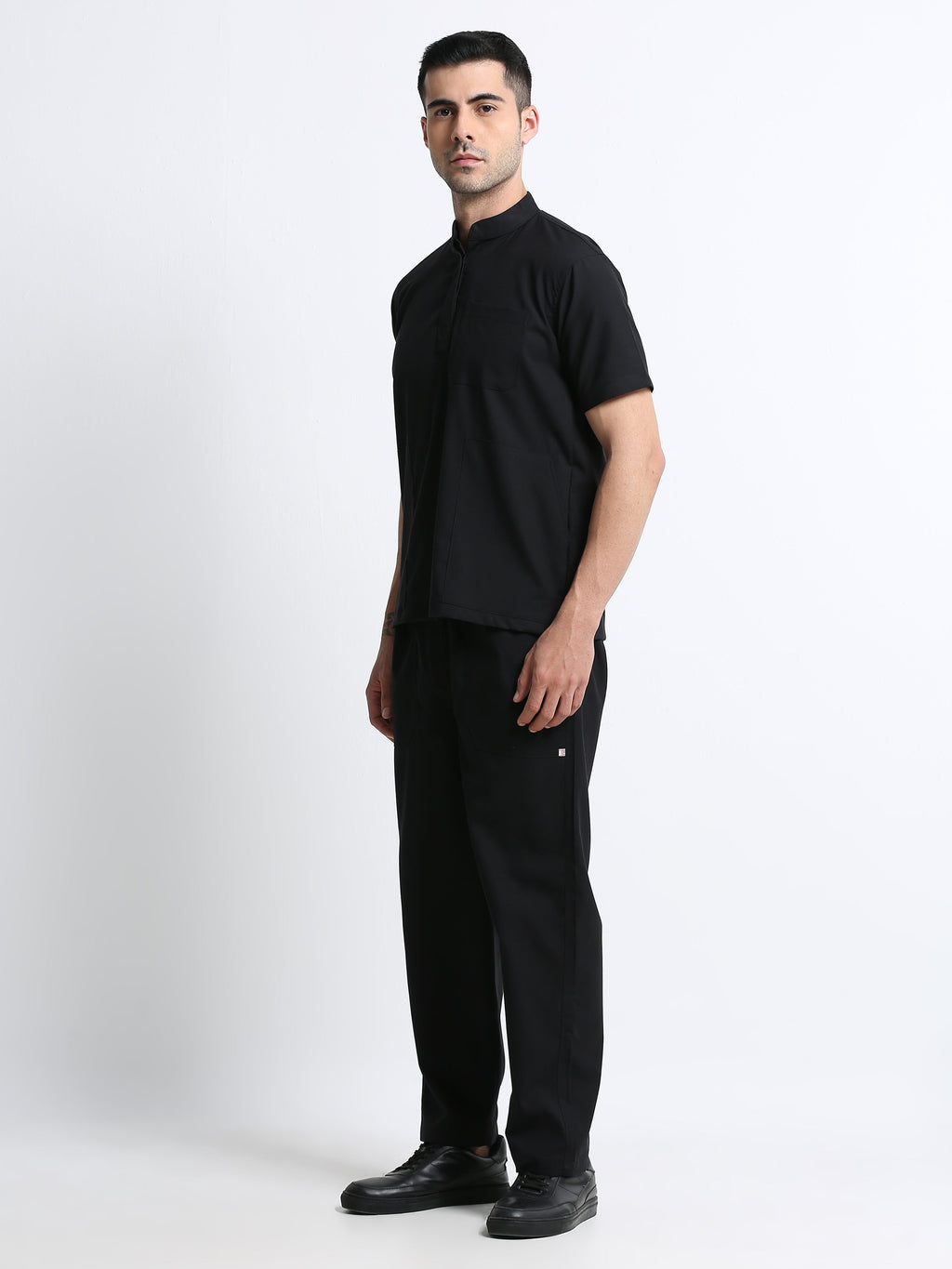 Men’s Black Knight Medical Scrub Set – Mandarin Collar (Chinese Collar) Top & Straight Pants | 2-Way Stretch, Antibacterial & Wrinkle-Resistant – Apollo