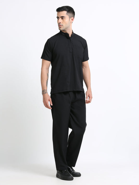 Men’s Black Knight Medical Scrub Set – Mandarin Collar (Chinese Collar) Top & Straight Pants | 2-Way Stretch, Antibacterial & Wrinkle-Resistant – Apollo