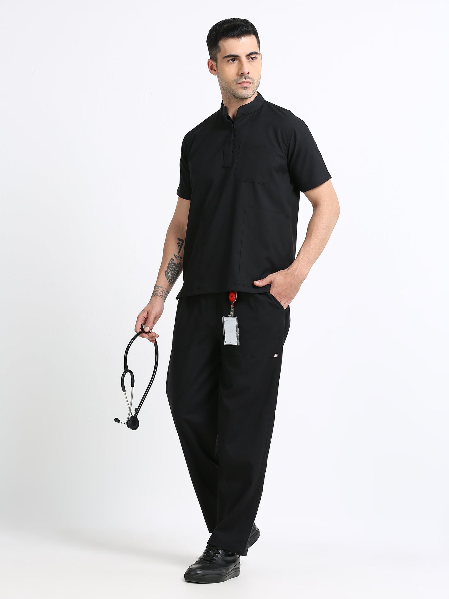 Men’s Black Knight Medical Scrub Set – Mandarin Collar (Chinese Collar) Top & Straight Pants | 2-Way Stretch, Antibacterial & Wrinkle-Resistant – Apollo