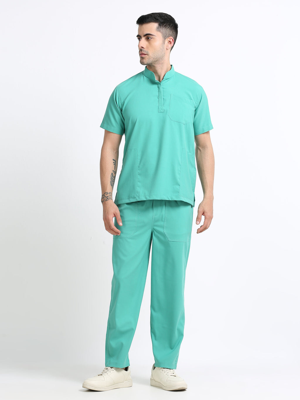 Men’s Sea Green Medical Scrub Set – Mandarin Collar (Chinese Collar) Top & Straight Pants | 2-Way Stretch, Antibacterial & Wrinkle-Resistant – Apollo