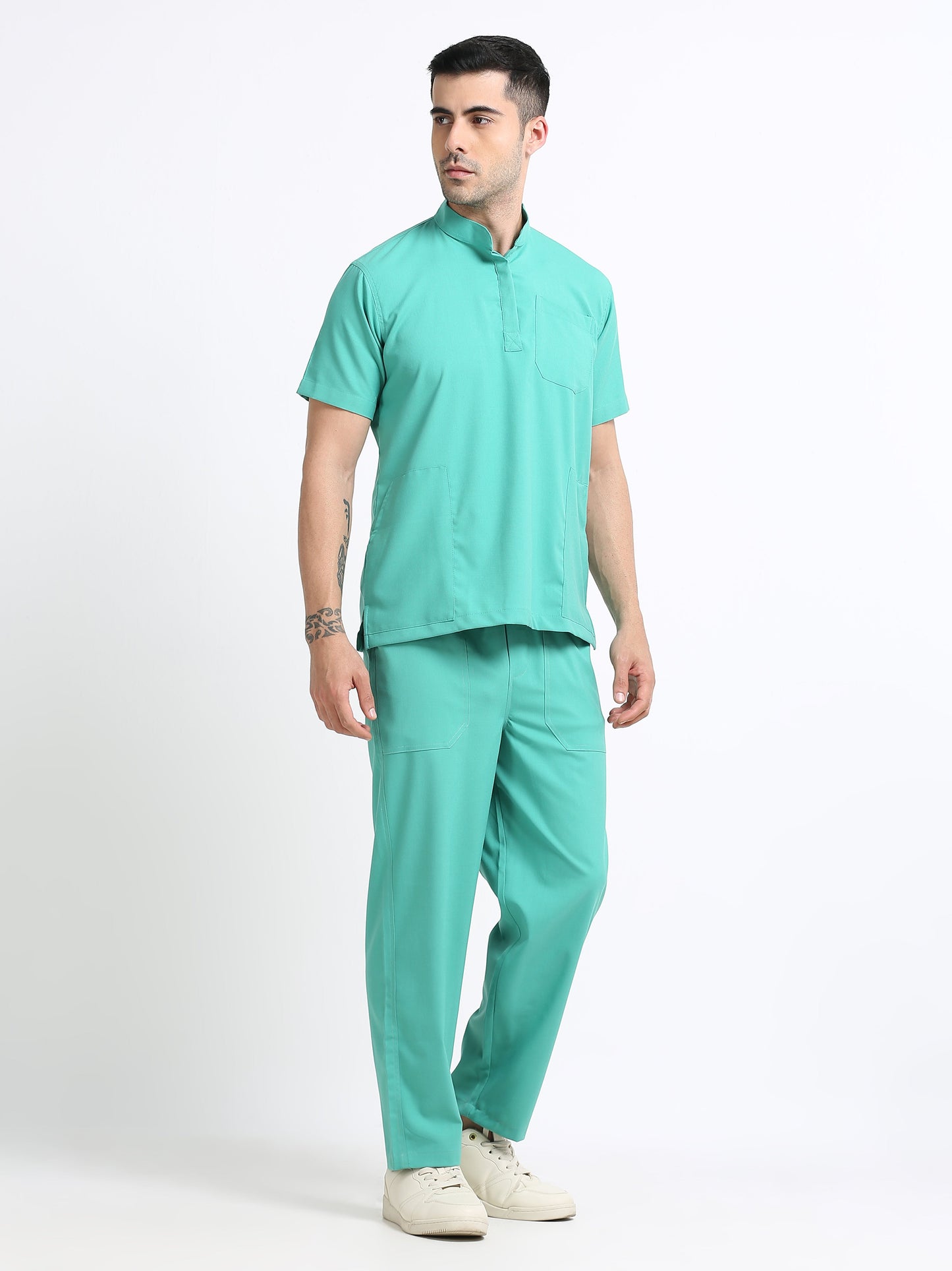 Men’s Sea Green Medical Scrub Set – Mandarin Collar (Chinese Collar) Top & Straight Pants | 2-Way Stretch, Antibacterial & Wrinkle-Resistant – Apollo