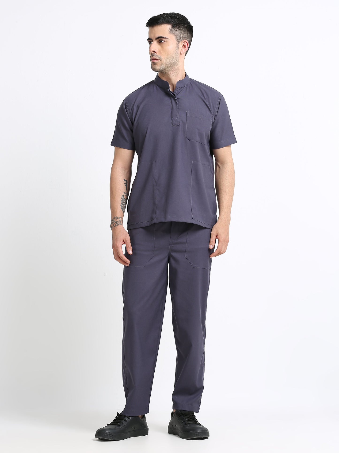 Men’s Heather Grey Medical Scrub Set – Mandarin Collar (Chinese Collar) Top & Straight Pants | 2-Way Stretch, Antibacterial & Wrinkle-Resistant – Apollo