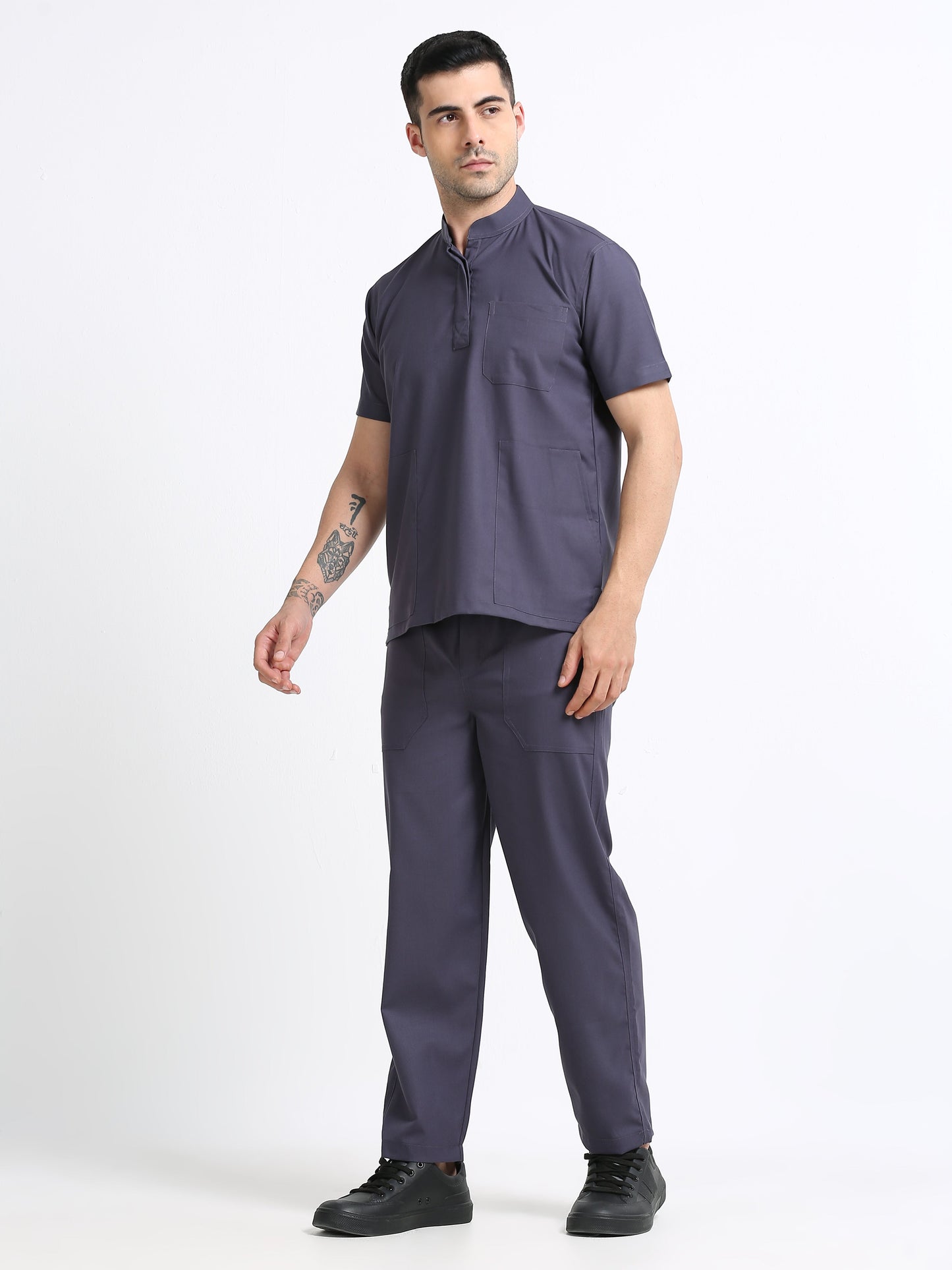 Men’s Heather Grey Medical Scrub Set – Mandarin Collar (Chinese Collar) Top & Straight Pants | 2-Way Stretch, Antibacterial & Wrinkle-Resistant – Apollo