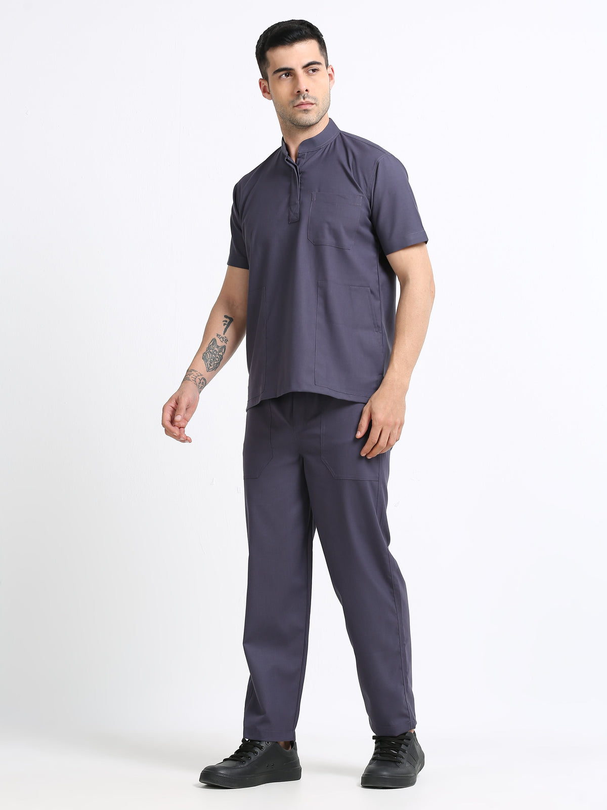 Men’s Heather Grey Medical Scrub Set – Mandarin Collar (Chinese Collar) Top & Straight Pants | 2-Way Stretch, Antibacterial & Wrinkle-Resistant – Apollo