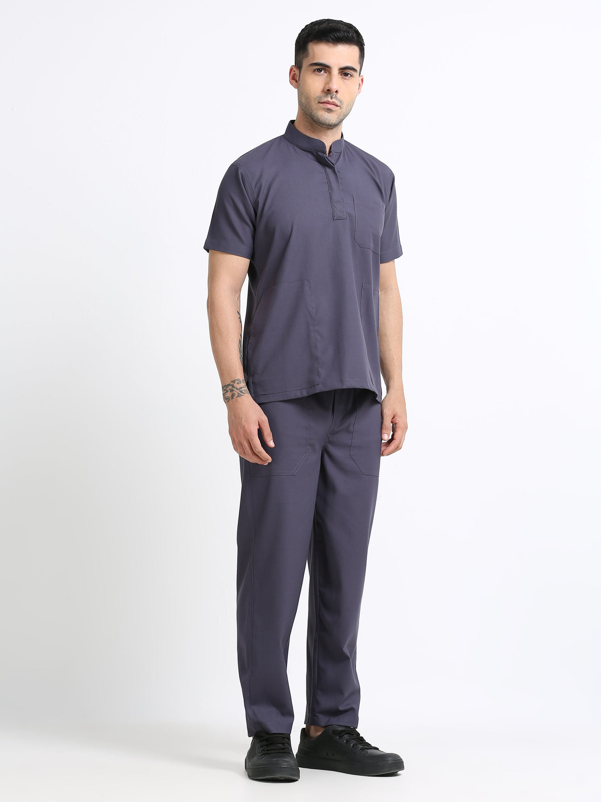 Men’s Heather Grey Medical Scrub Set – Mandarin Collar (Chinese Collar) Top & Straight Pants | 2-Way Stretch, Antibacterial & Wrinkle-Resistant – Apollo
