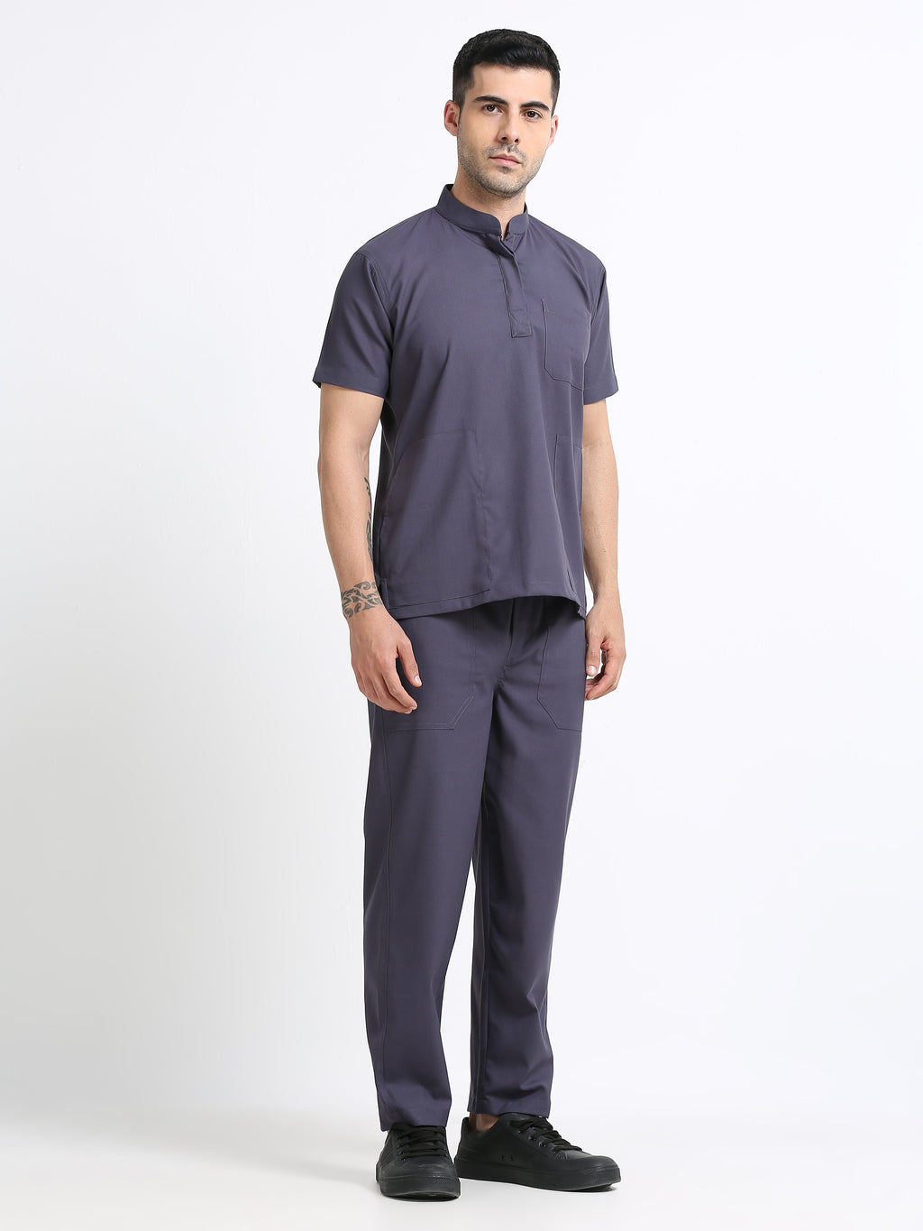 Men’s Heather Grey Medical Scrub Set – Mandarin Collar (Chinese Collar) Top & Straight Pants | 2-Way Stretch, Antibacterial & Wrinkle-Resistant – Apollo