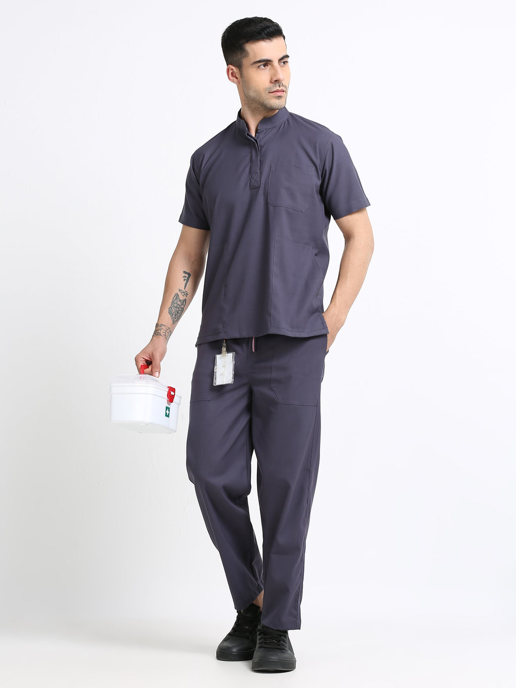 Men’s Heather Grey Medical Scrub Set – Mandarin Collar (Chinese Collar) Top & Straight Pants | 2-Way Stretch, Antibacterial & Wrinkle-Resistant – Apollo