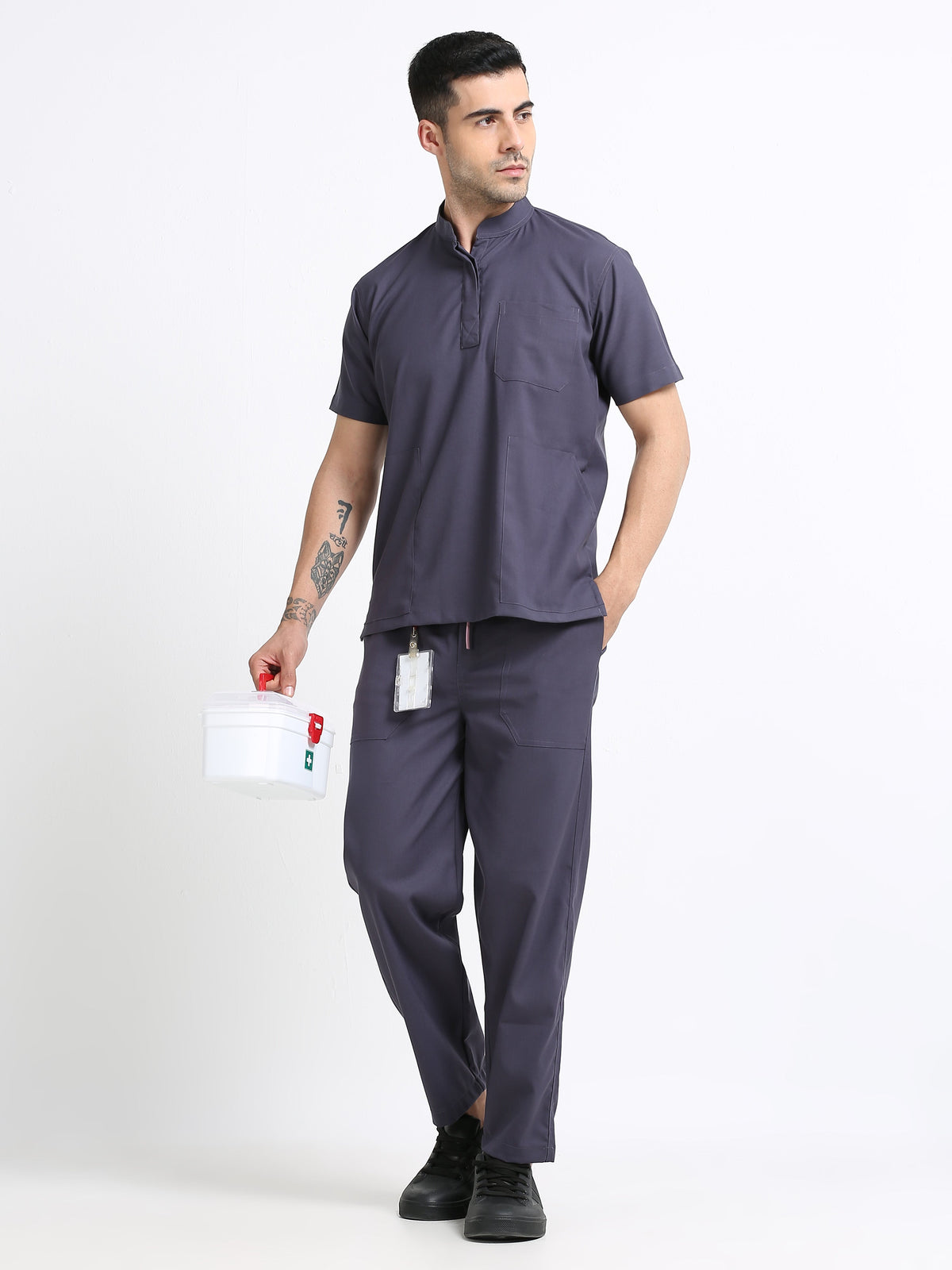 Men’s Heather Grey Medical Scrub Set – Mandarin Collar (Chinese Collar) Top & Straight Pants | 2-Way Stretch, Antibacterial & Wrinkle-Resistant – Apollo