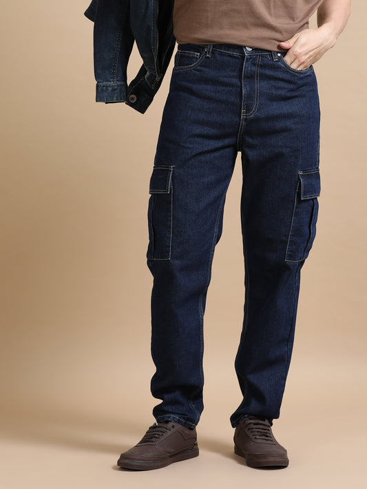 Plus Size Navy Blue Utility Denim Cargo Pants