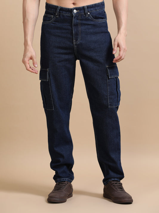 Plus Size Navy Blue Utility Denim Cargo Pants
