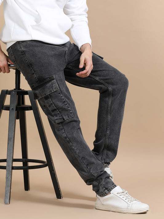 Plus Size Men Carbon Black Utility Denim Cargo Pant