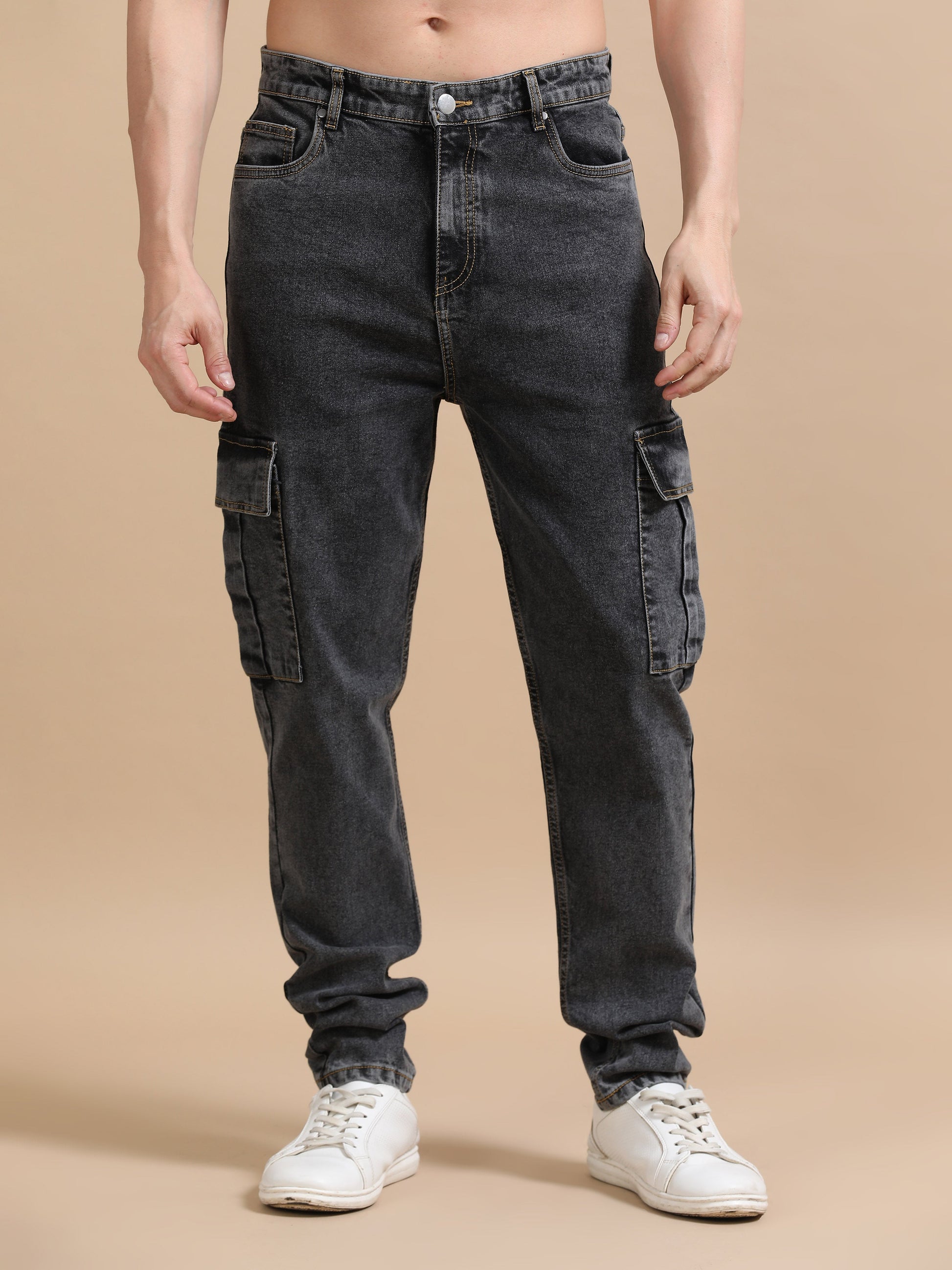 Plus Size Men Carbon Black Utility Denim Cargo Pant