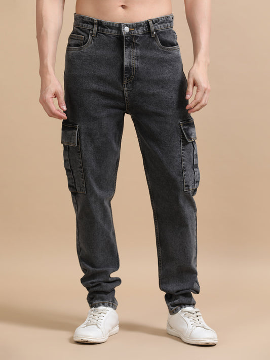 Plus Size Men Carbon Black Utility Denim Cargo Pant