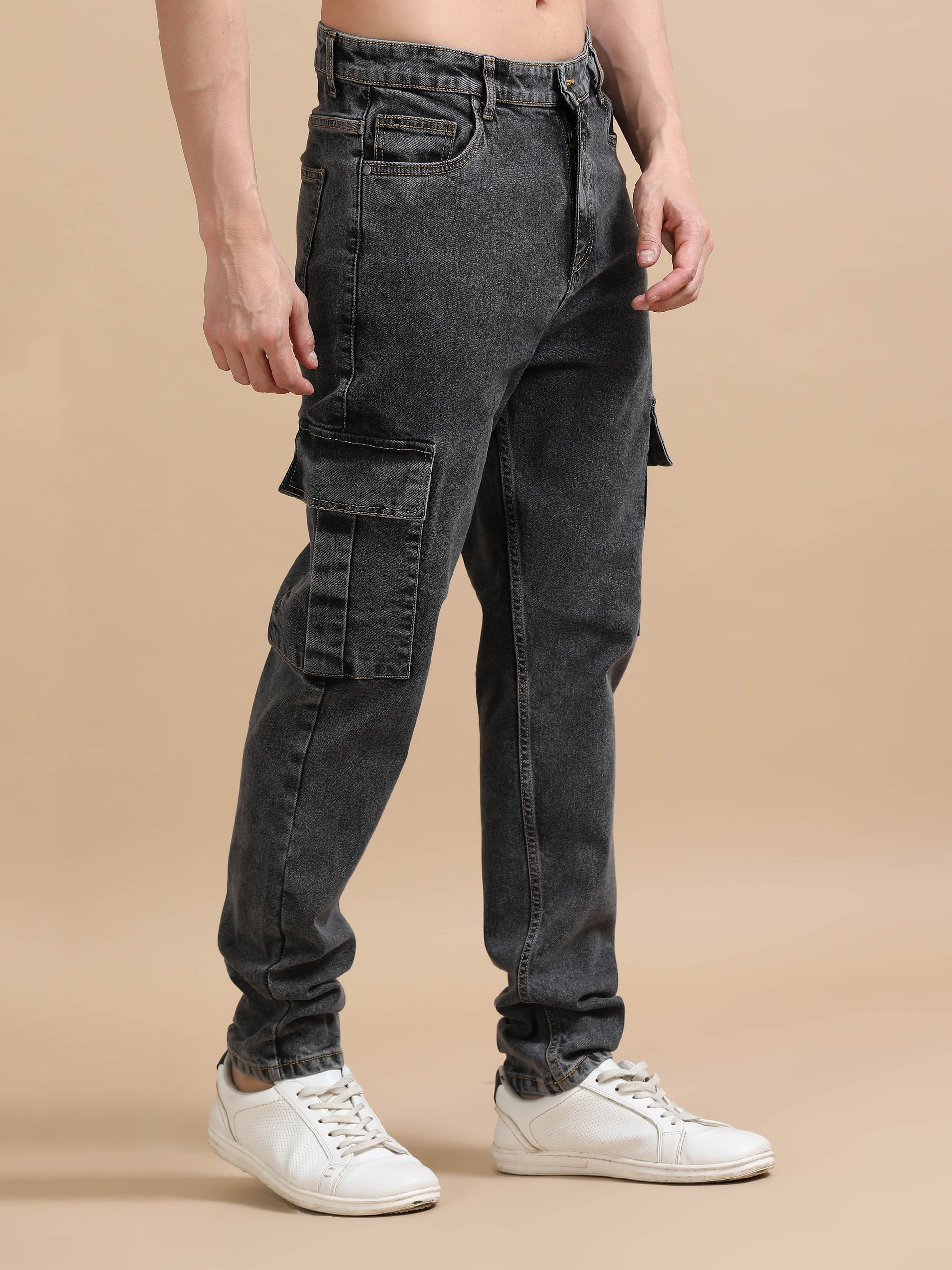 Plus Size Men Carbon Black Utility Denim Cargo Pant