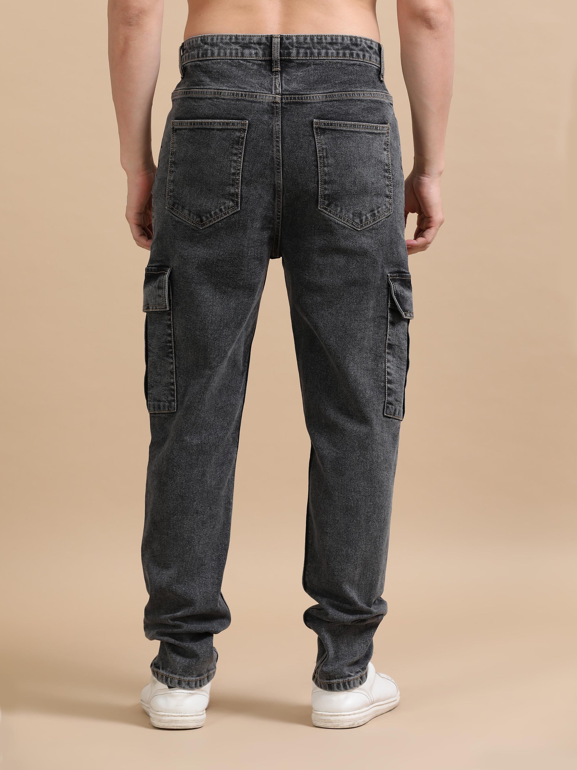 Plus Size Men Carbon Black Utility Denim Cargo Pant