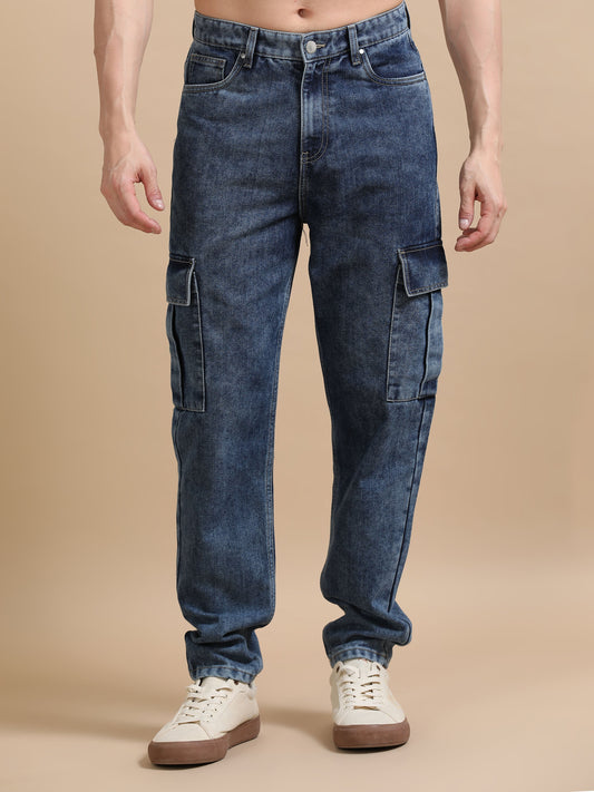 Men Plus Size Carbon Blue Denim Cargo Pants