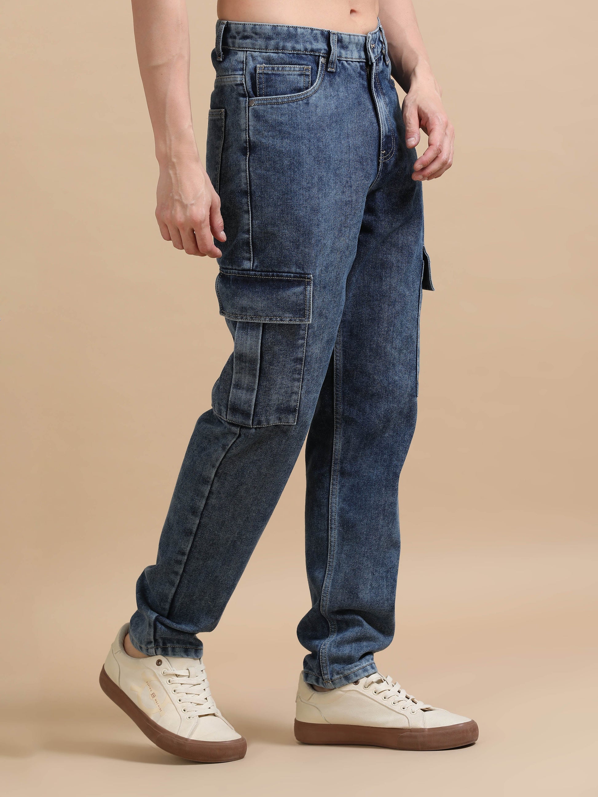 Men Plus Size Carbon Blue Denim Cargo Pants