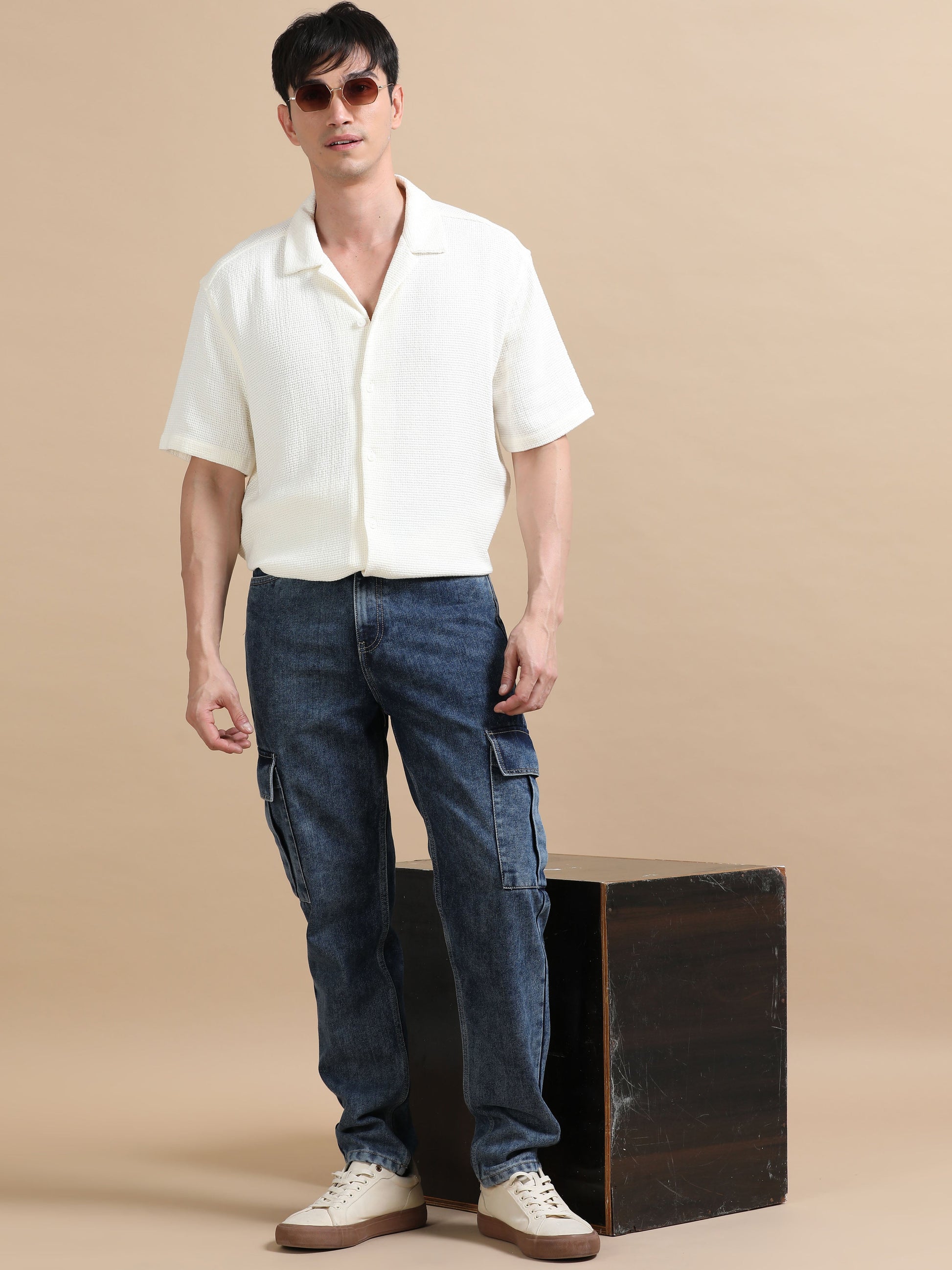 Men Plus Size Carbon Blue Denim Cargo Pants