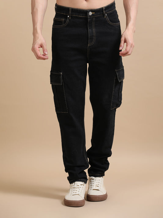 Plus Size Denim Black Cargo Pants Men