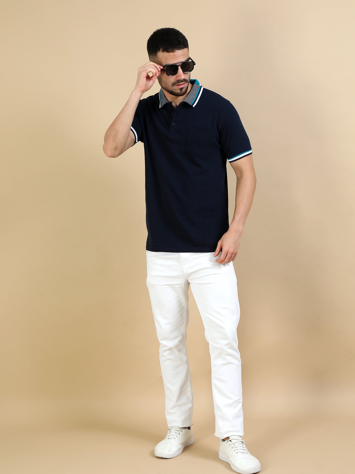 Printed Collar Polo - Navy