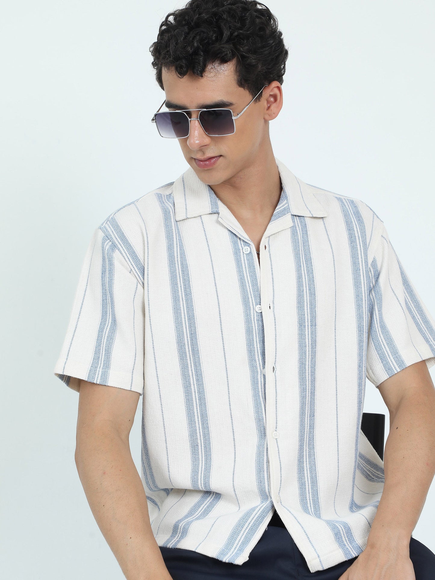 Men Striped Jacquard Oversized Shirt-Sky Blue
