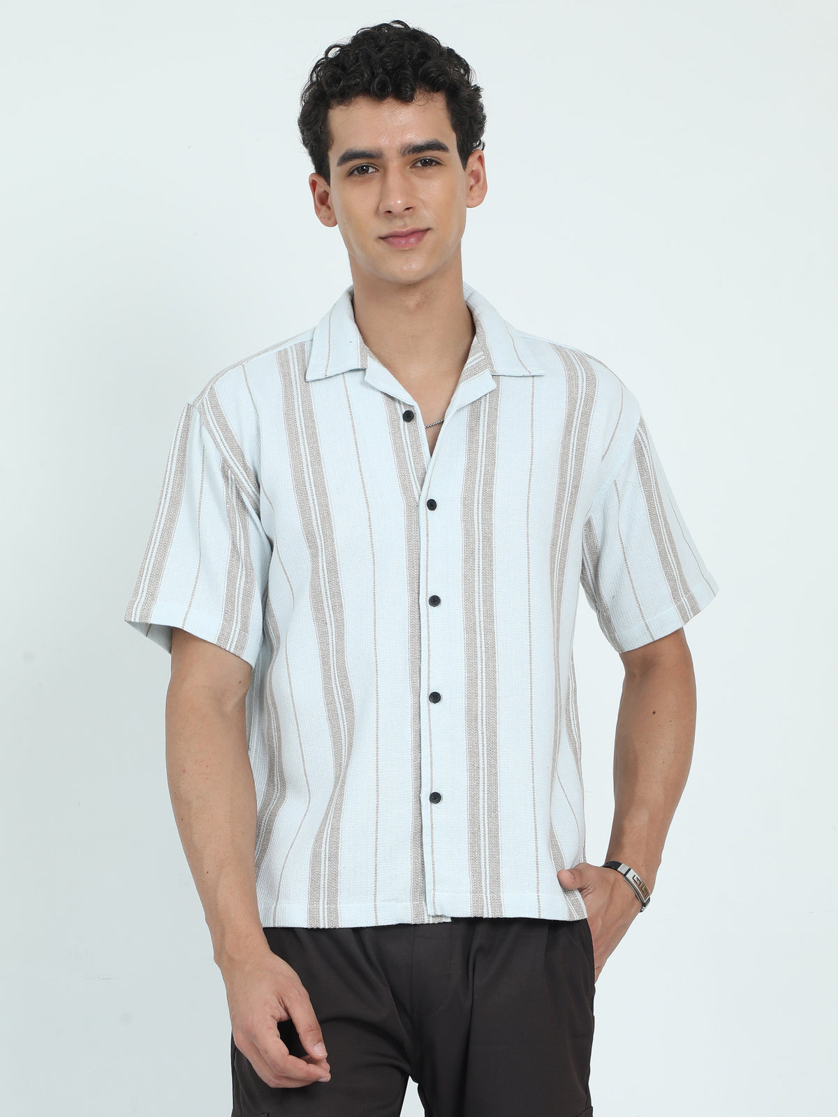 Men Striped Jacquard Oversized Shirt-Mint