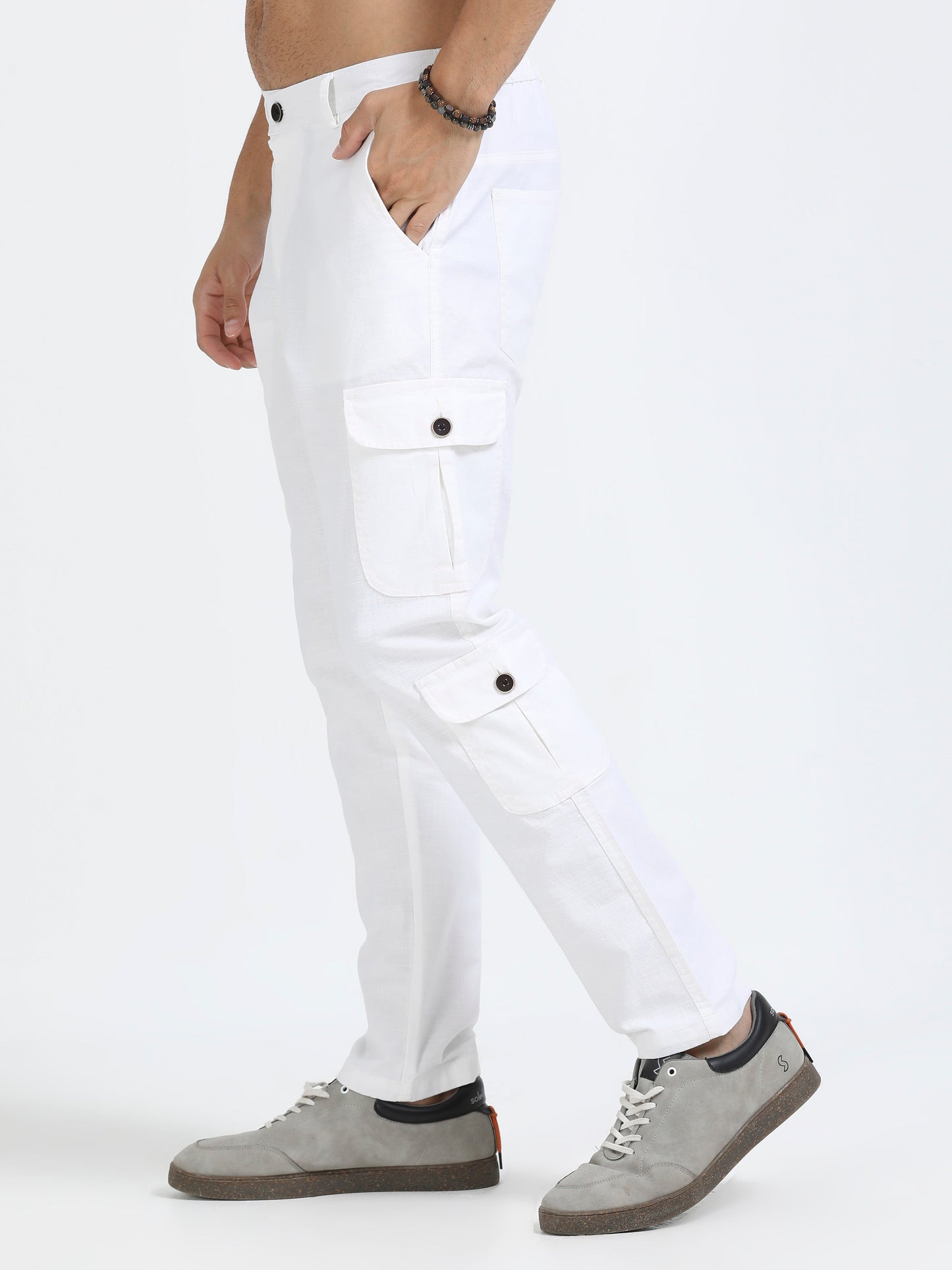 Men Lazy Linen Utility Cargo-White
