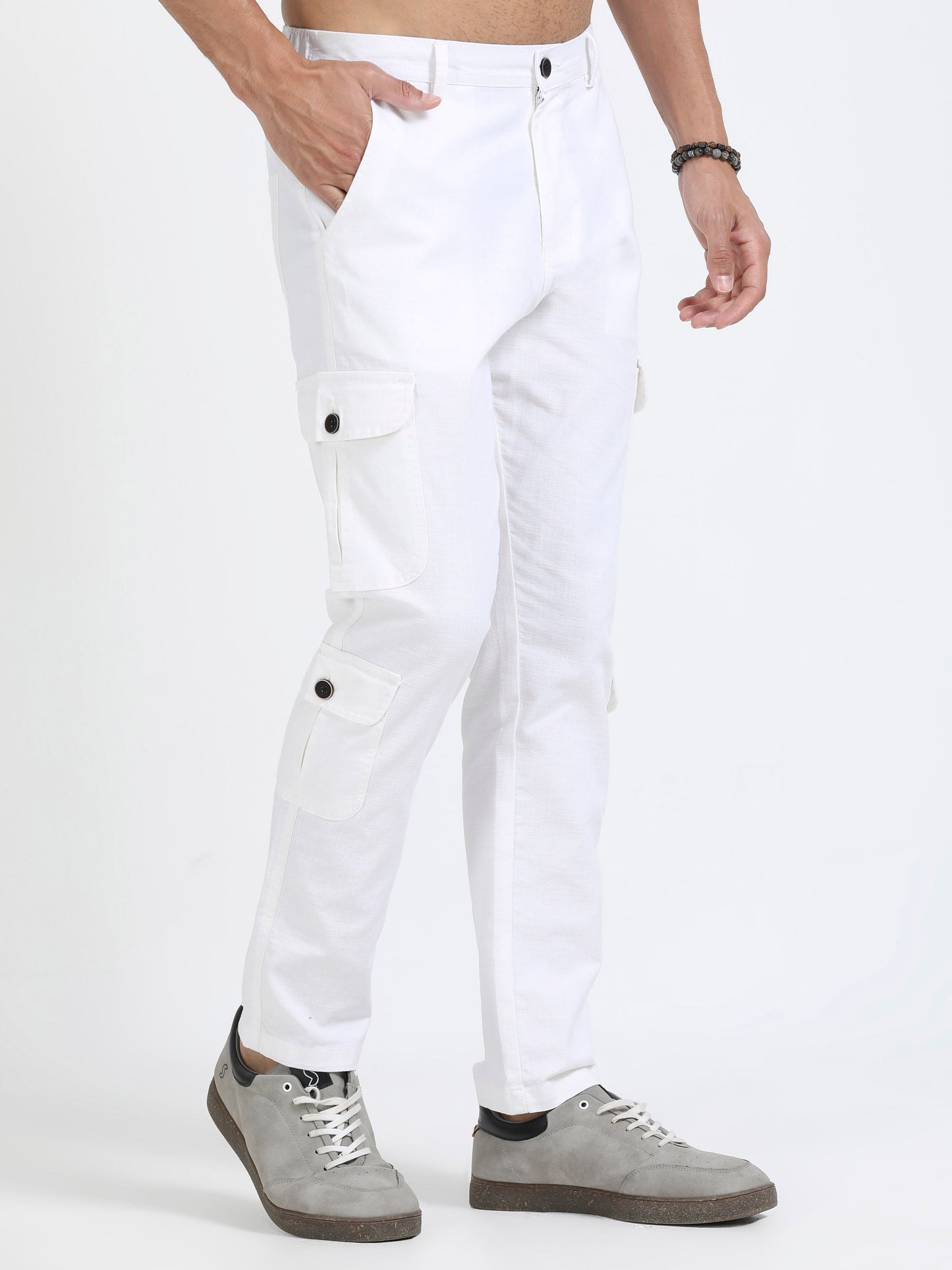Men Lazy Linen Utility Cargo-White