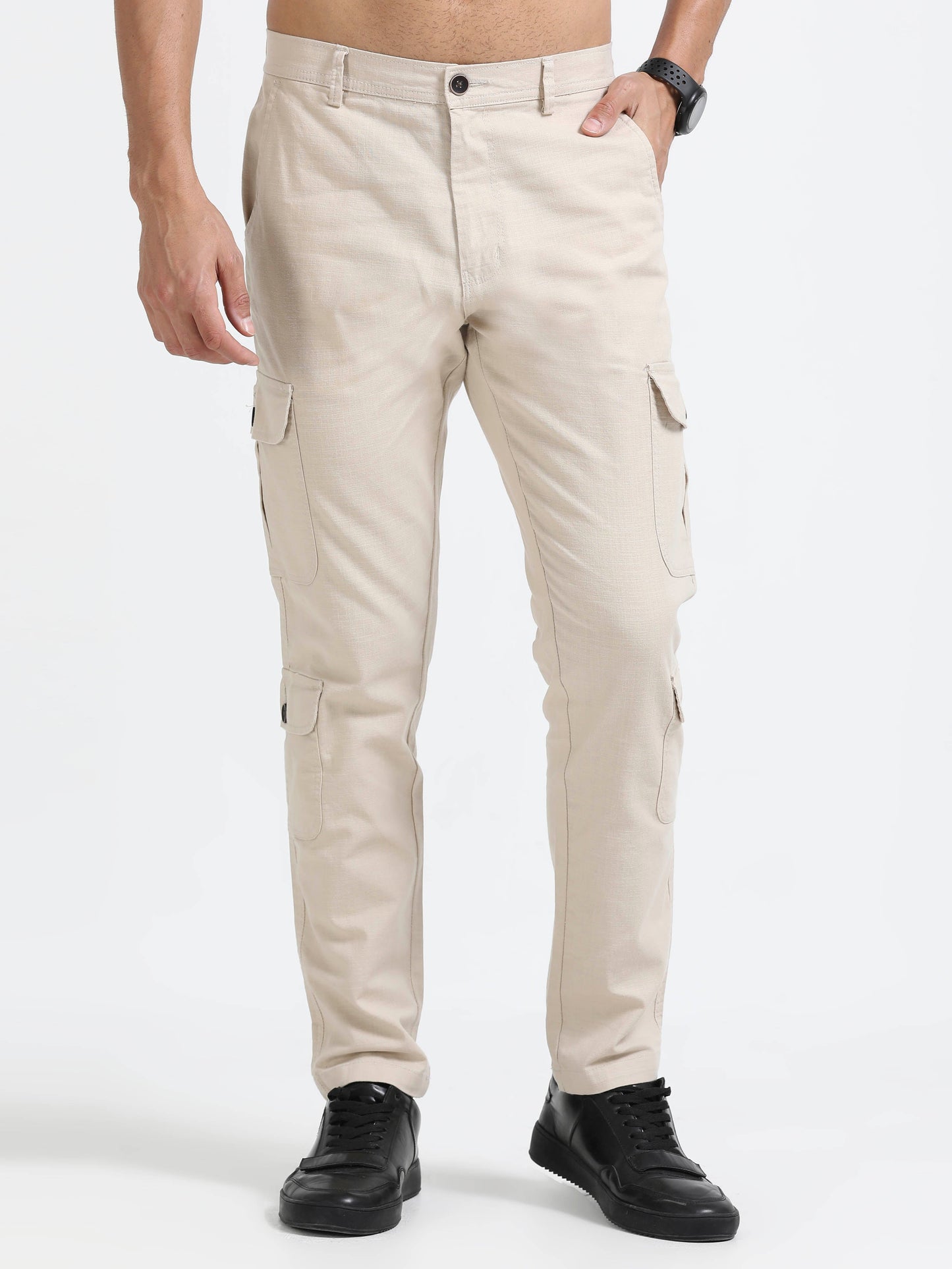 Men Lazy Linen Utility Cargo-Beige